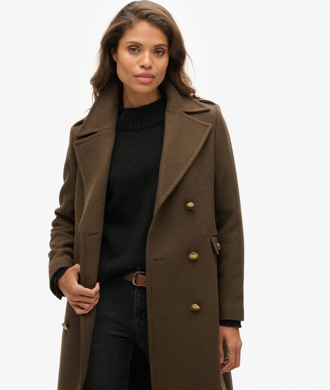 womens Double Breasted Wool Blend Coat in Deep Khaki Green | Superdry US