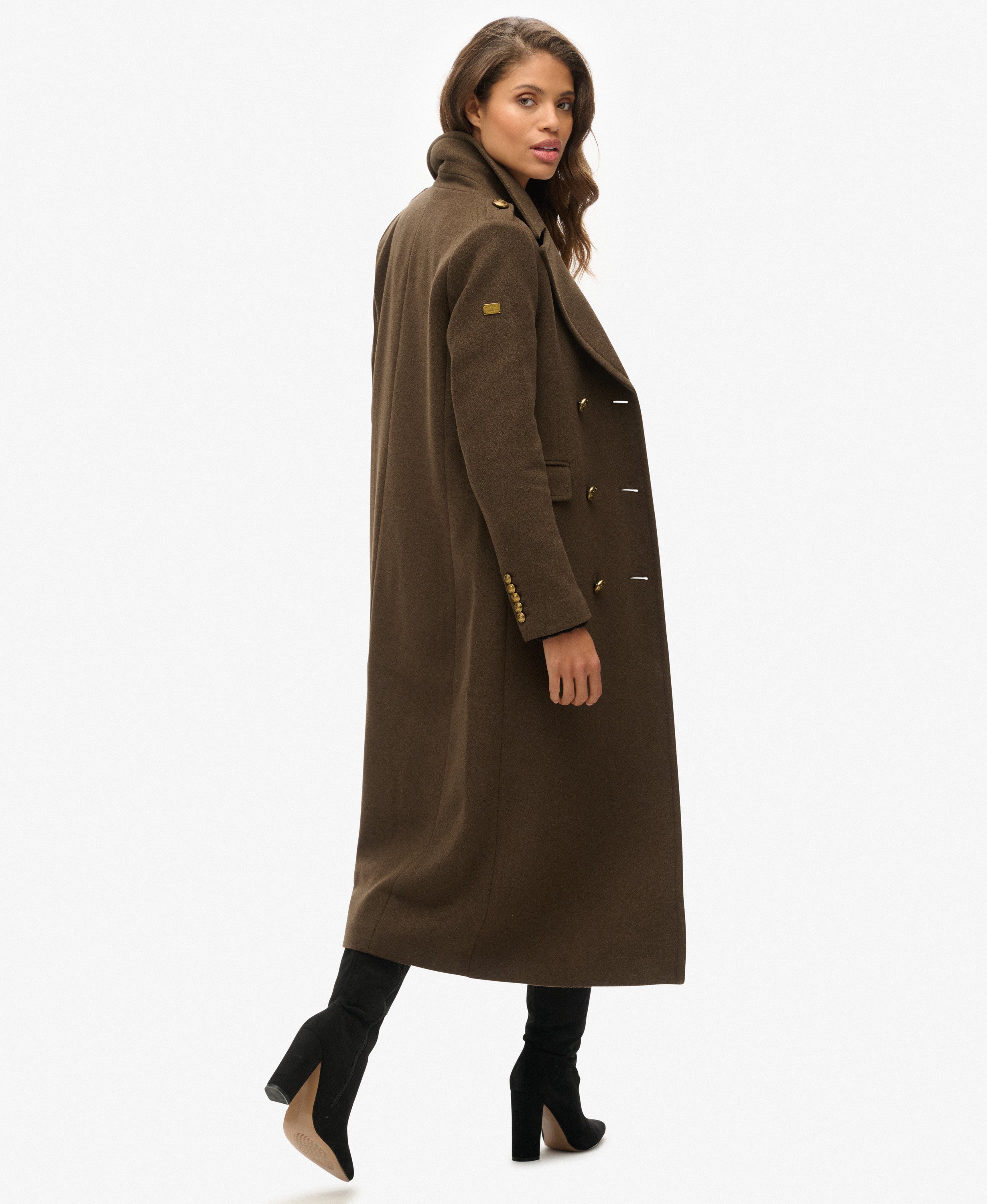 womens Double Breasted Wool Blend Coat in Deep Khaki Green