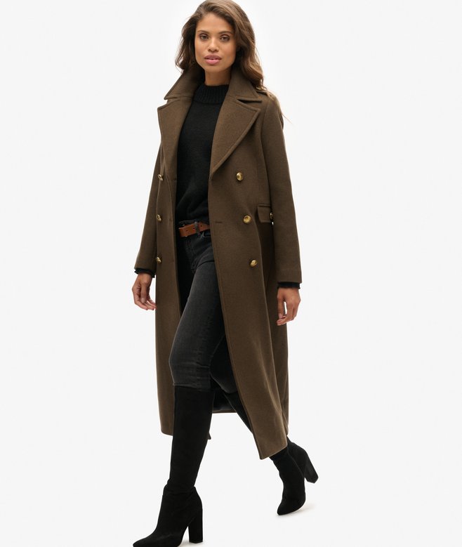 womens Double Breasted Wool Blend Coat in Deep Khaki Green | Superdry US womens Double Breasted Wool Blend Coat in Deep Khaki Green | Superdry US