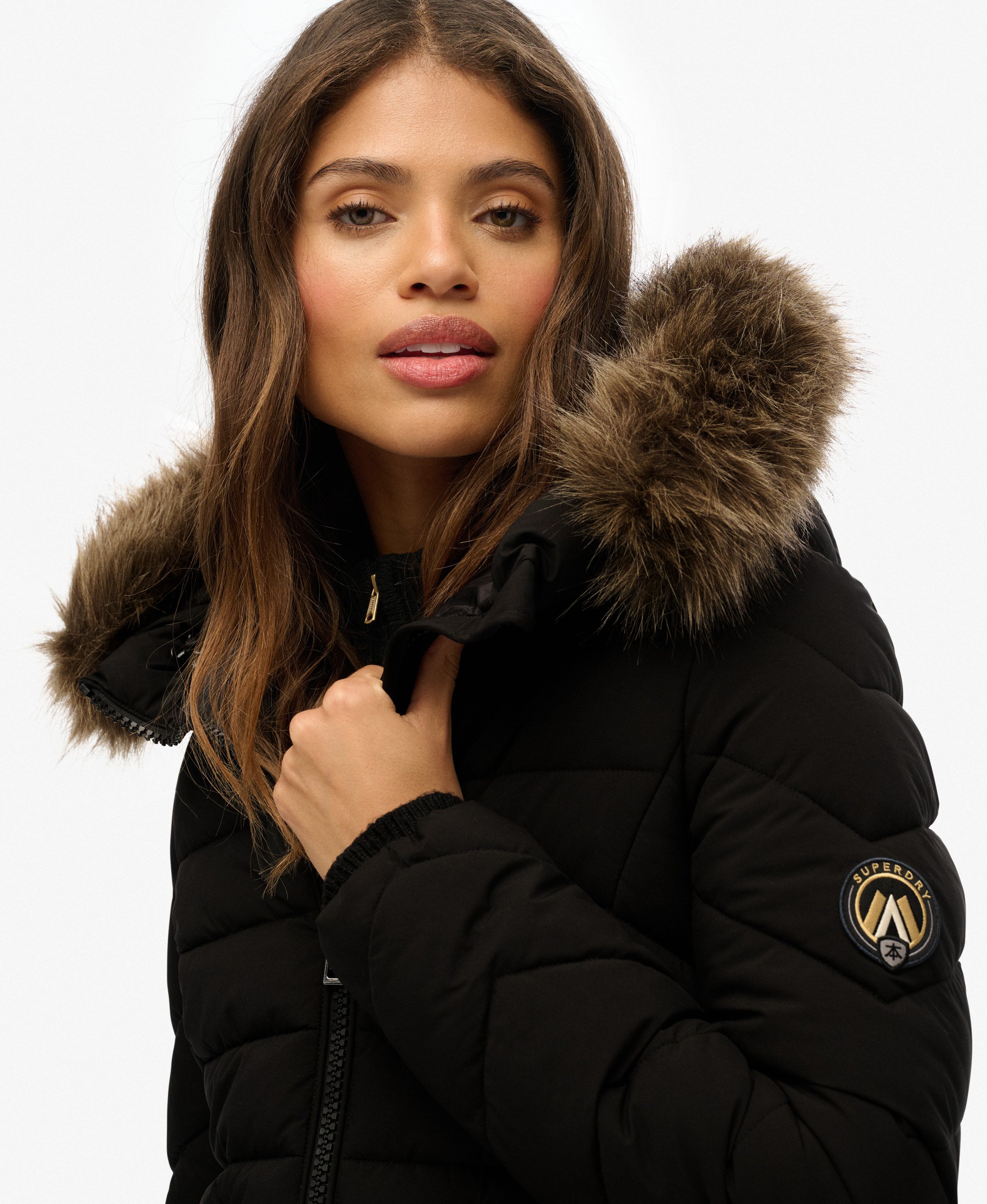 womens Fuji Faux Fur Hooded Mid Length Coat in Black | Superdry US