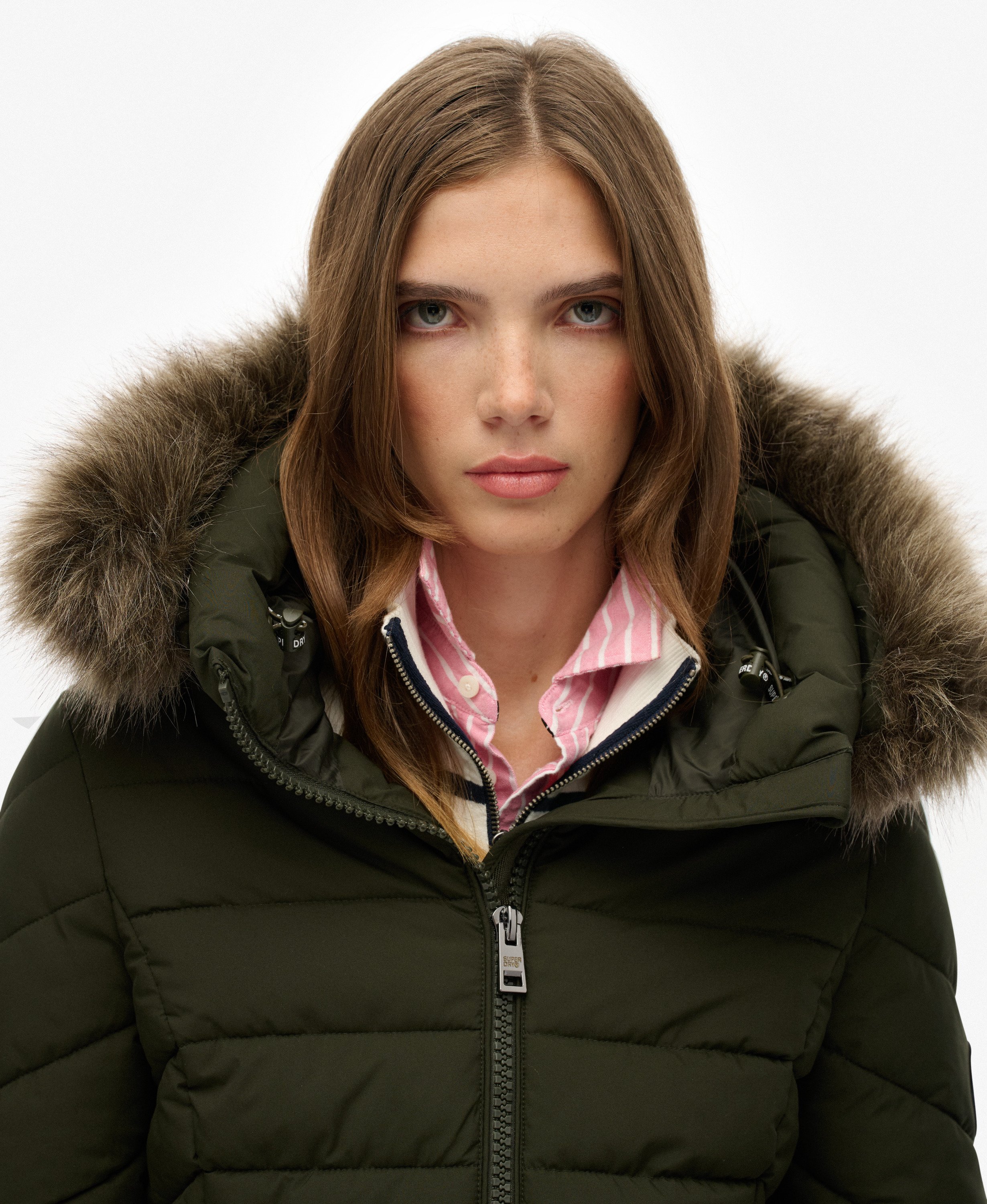 womens Fuji Faux Fur Hooded Mid Length Coat in Surplus Goods Olive