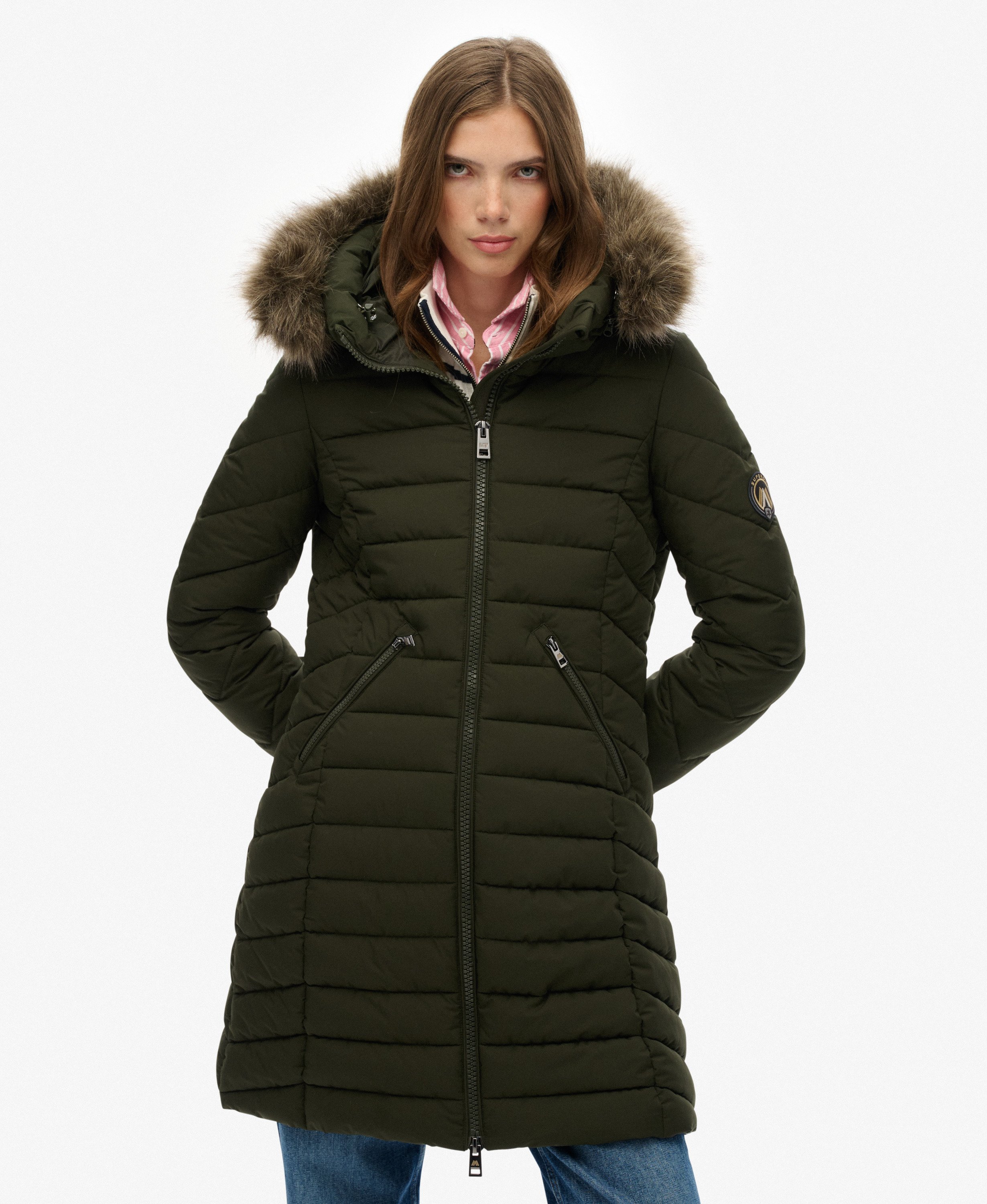 womens Fuji Faux Fur Hooded Mid Length Coat in Surplus Goods Olive