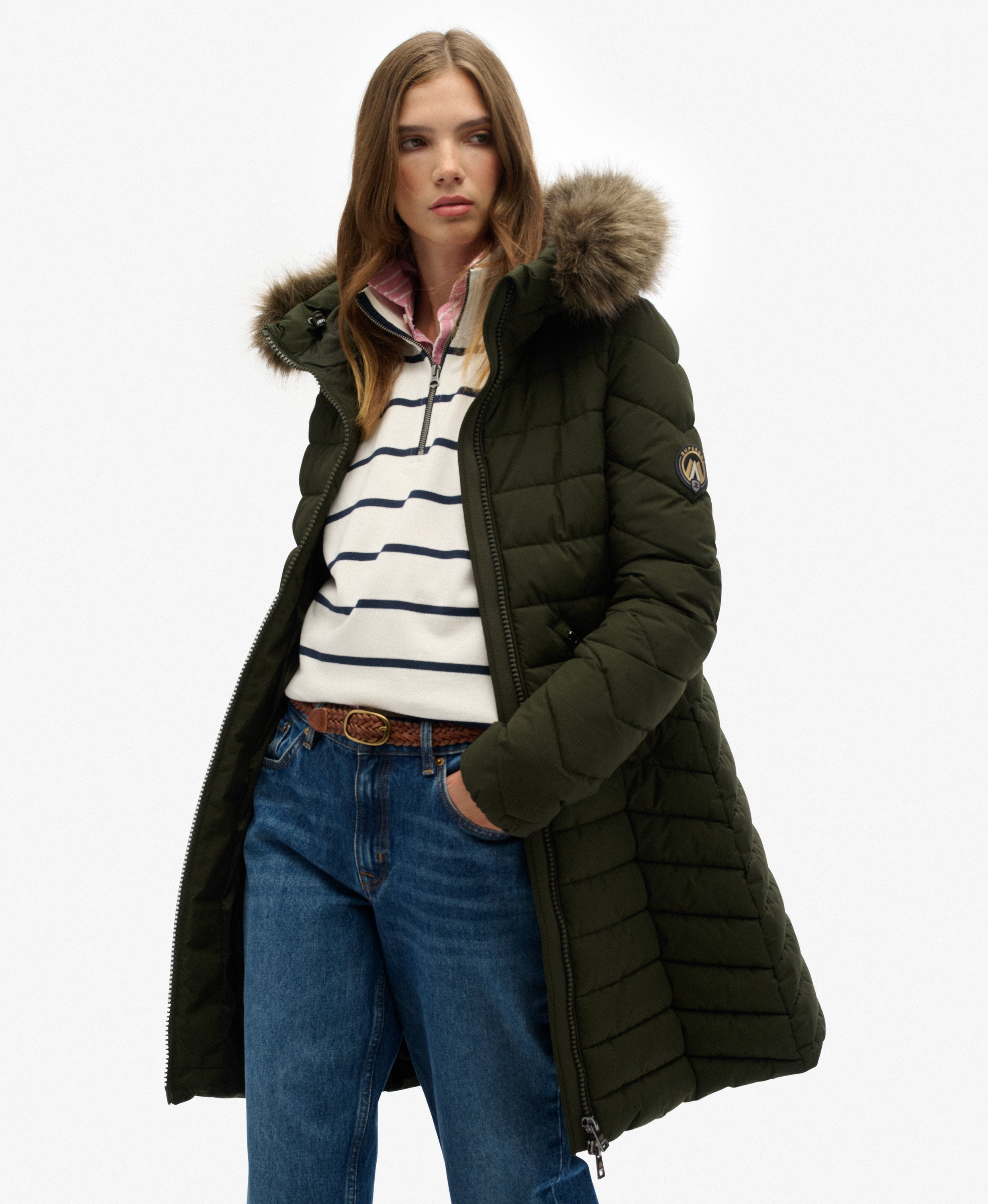 womens Fuji Faux Fur Hooded Mid Length Coat in Surplus Goods Olive
