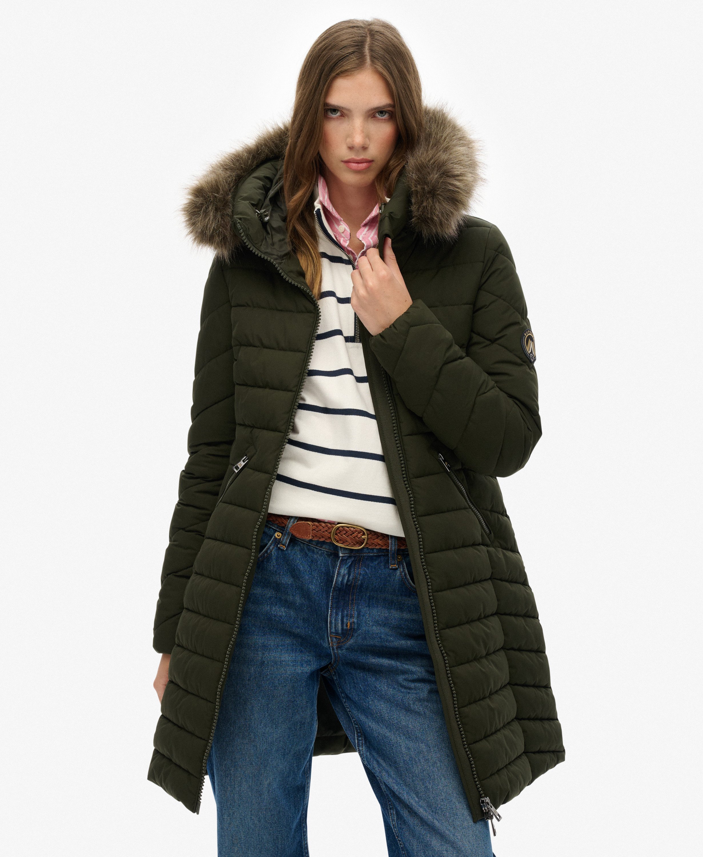 womens Fuji Faux Fur Hooded Mid Length Coat in Surplus Goods Olive