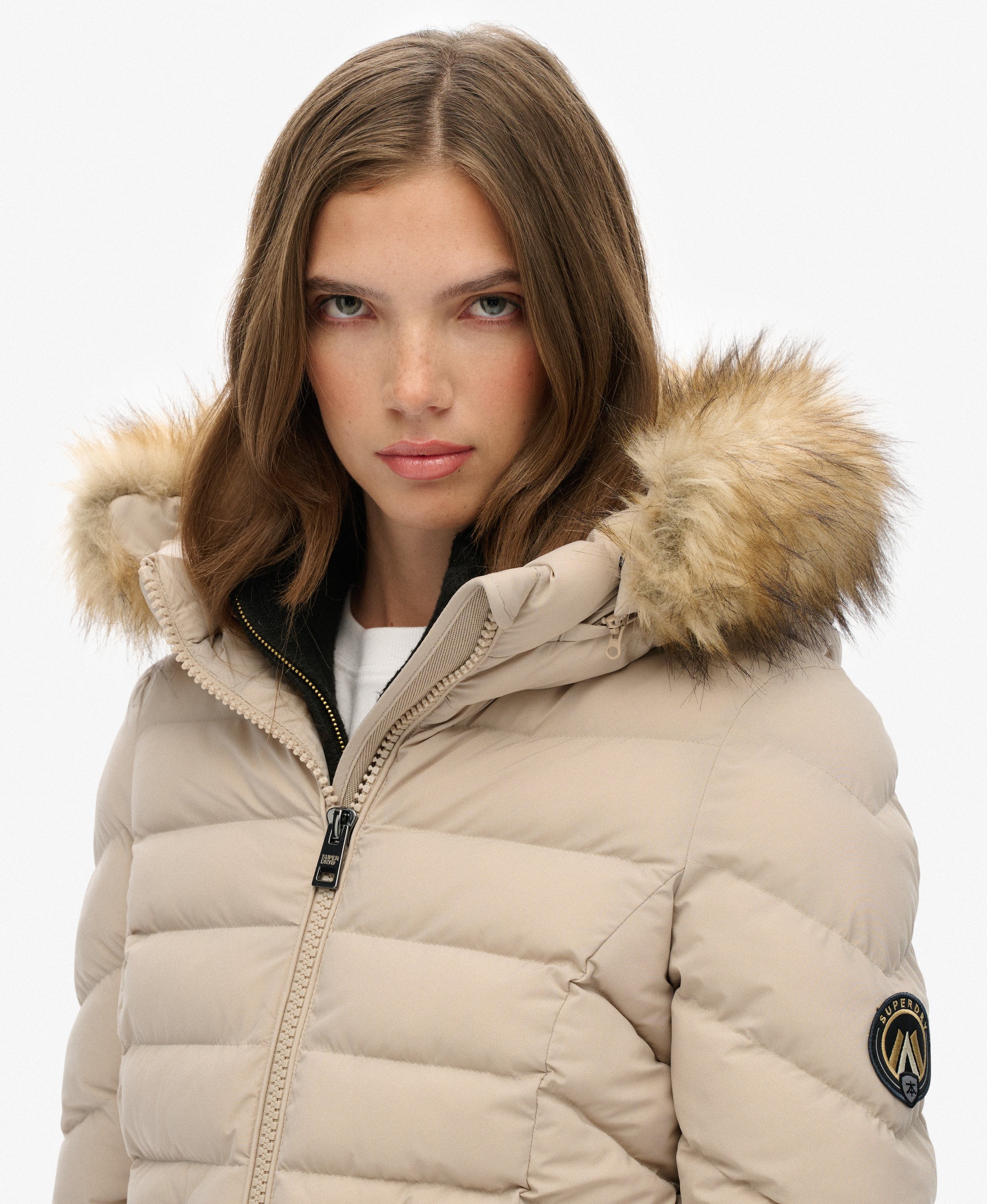 womens Fuji Faux Fur Hooded Mid Length Coat in Chateau Beige