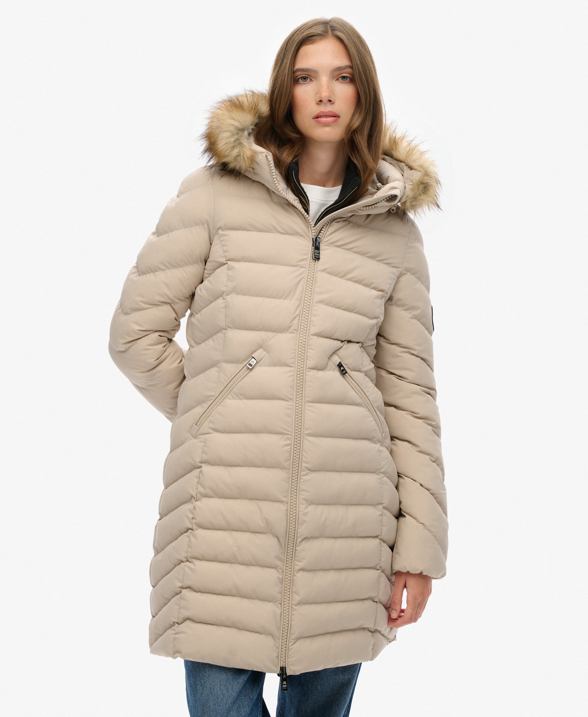 womens Fuji Faux Fur Hooded Mid Length Coat in Chateau Beige