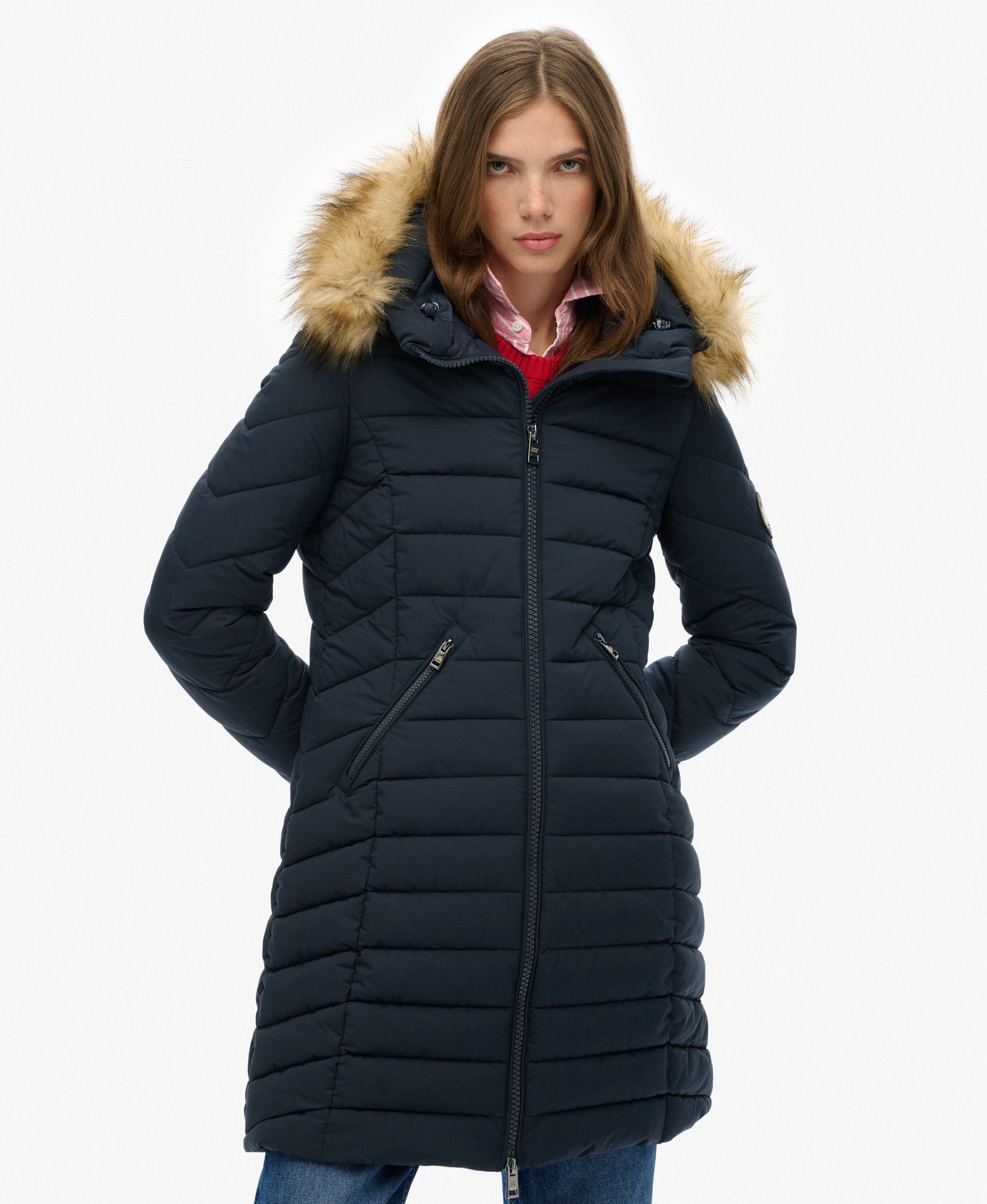womens Fuji Faux Fur Hooded Mid Length Coat in Eclipse Navy