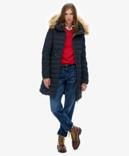 Manteau mi-long Fuji &agrave; capuche en fausse fourrure