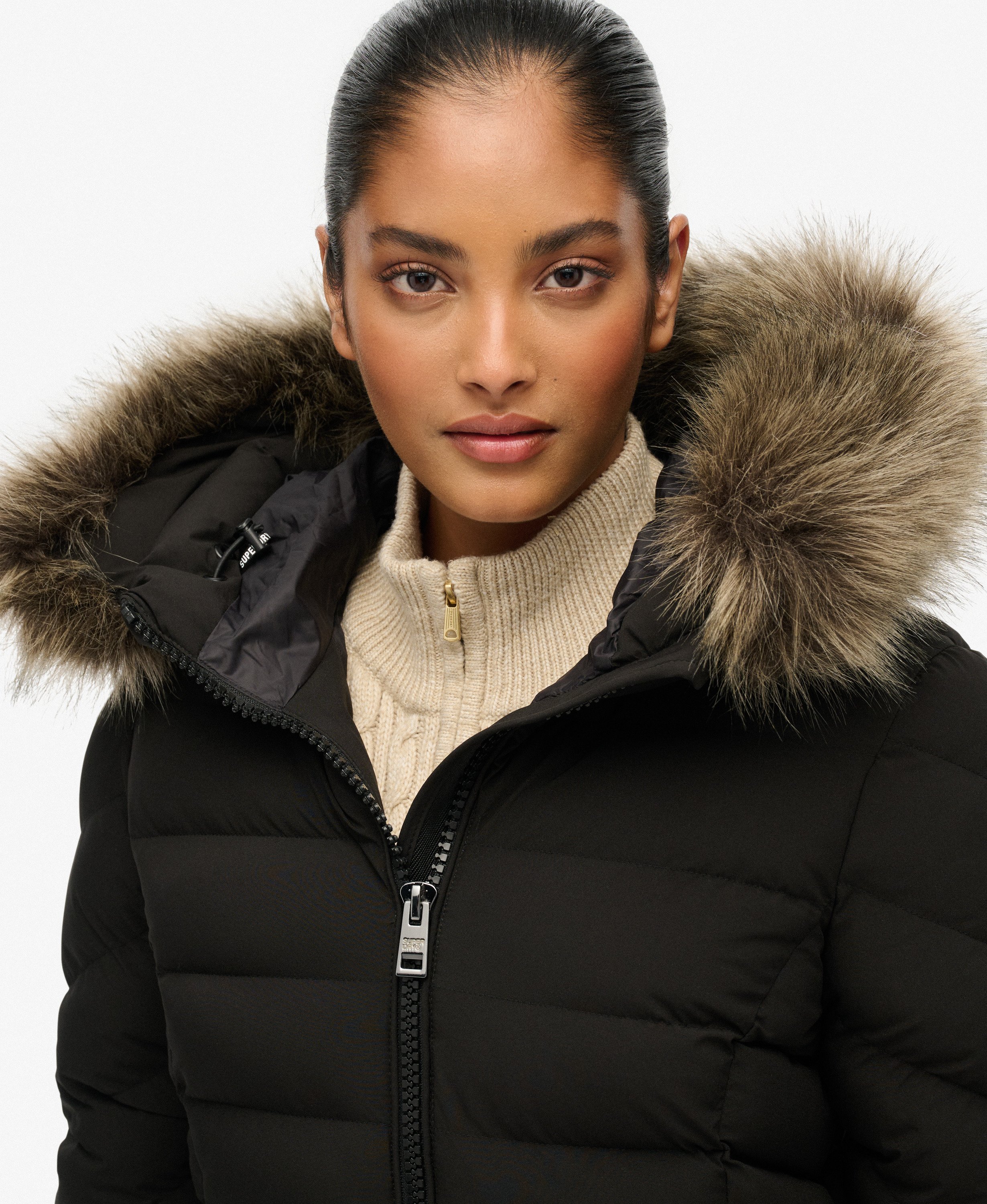 womens Fuji Faux Fur Hooded Longline in Black | Superdry US