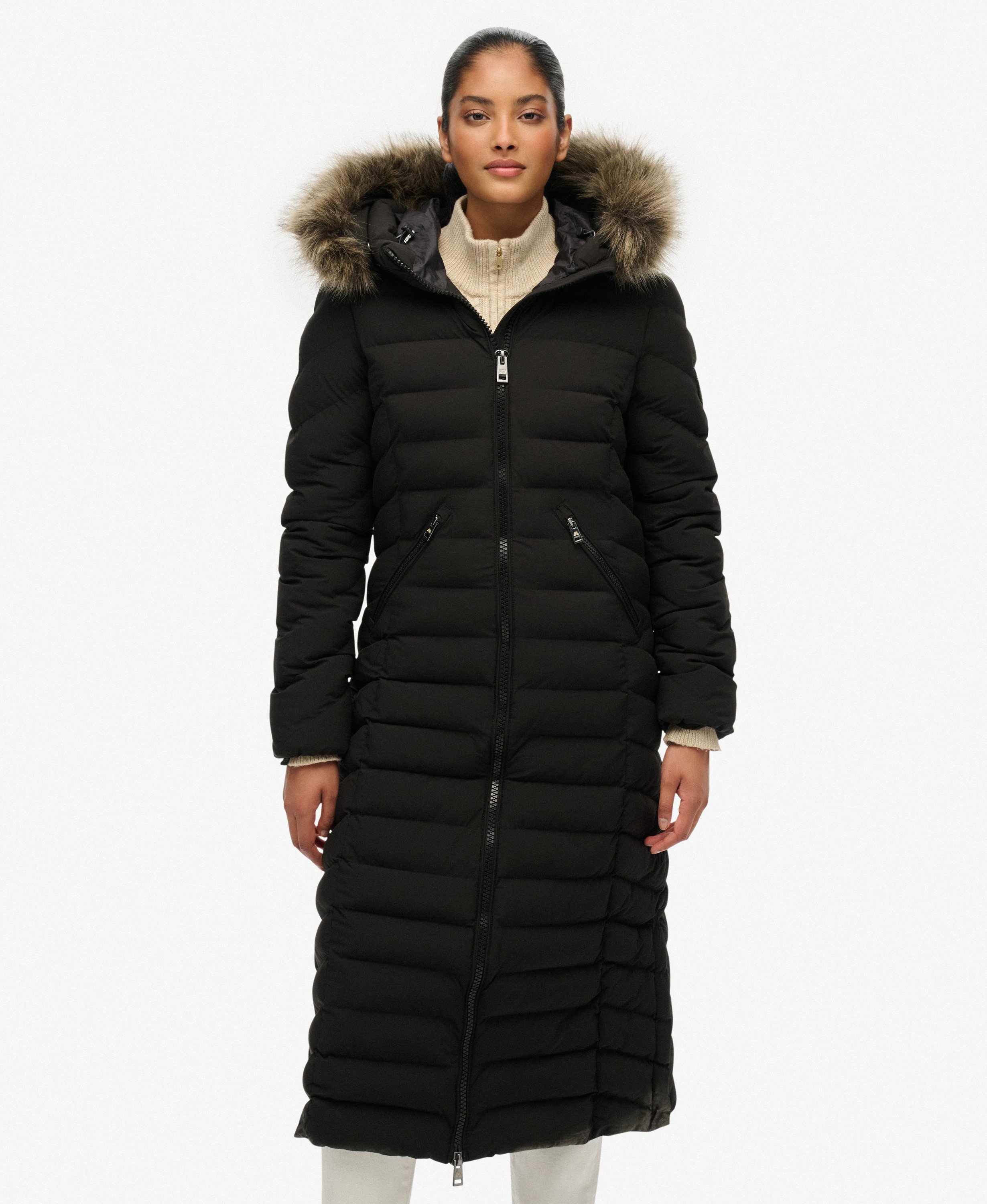 womens Fuji Faux Fur Hooded Longline in Black | Superdry US