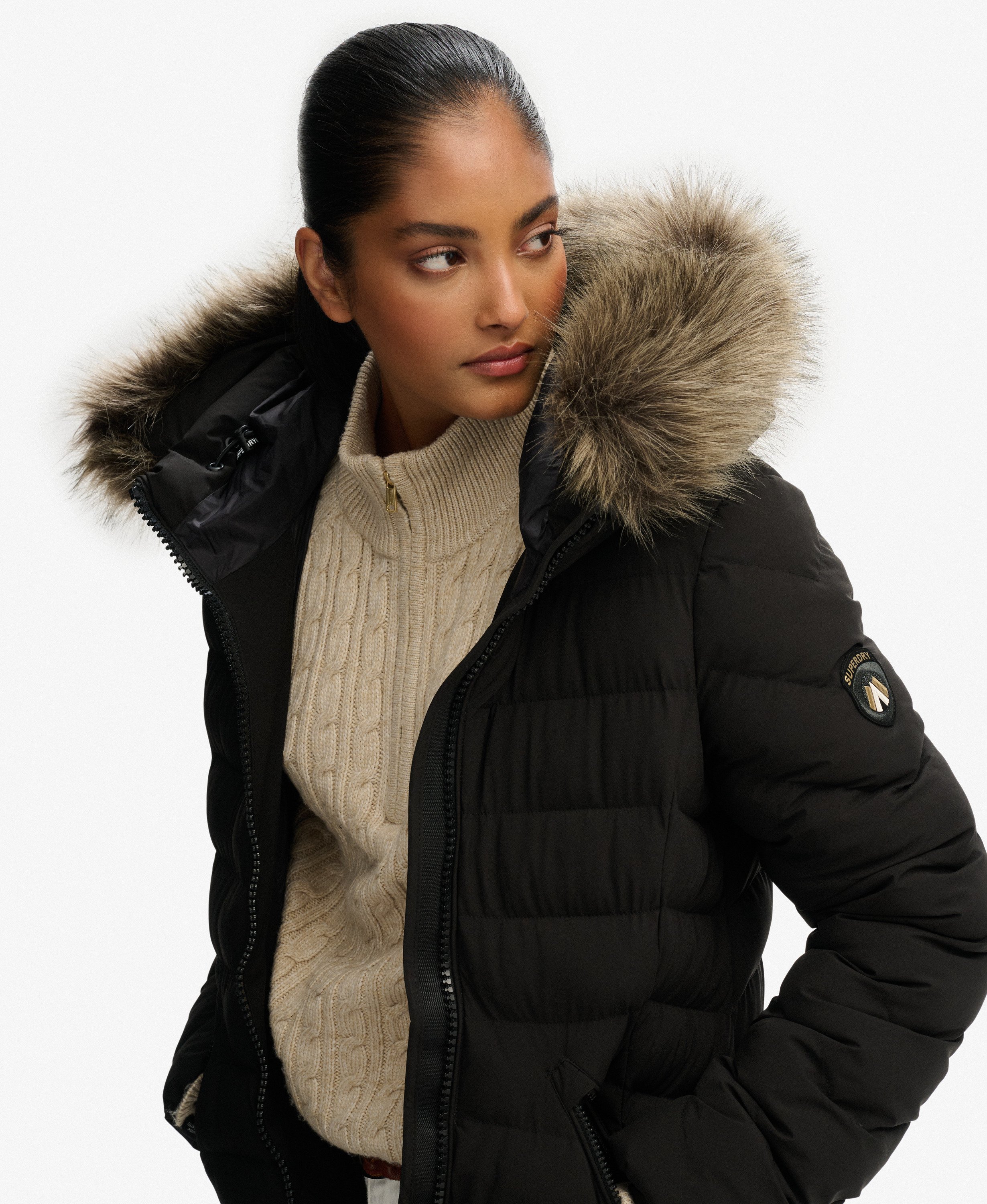 womens Fuji Faux Fur Hooded Longline in Black | Superdry US