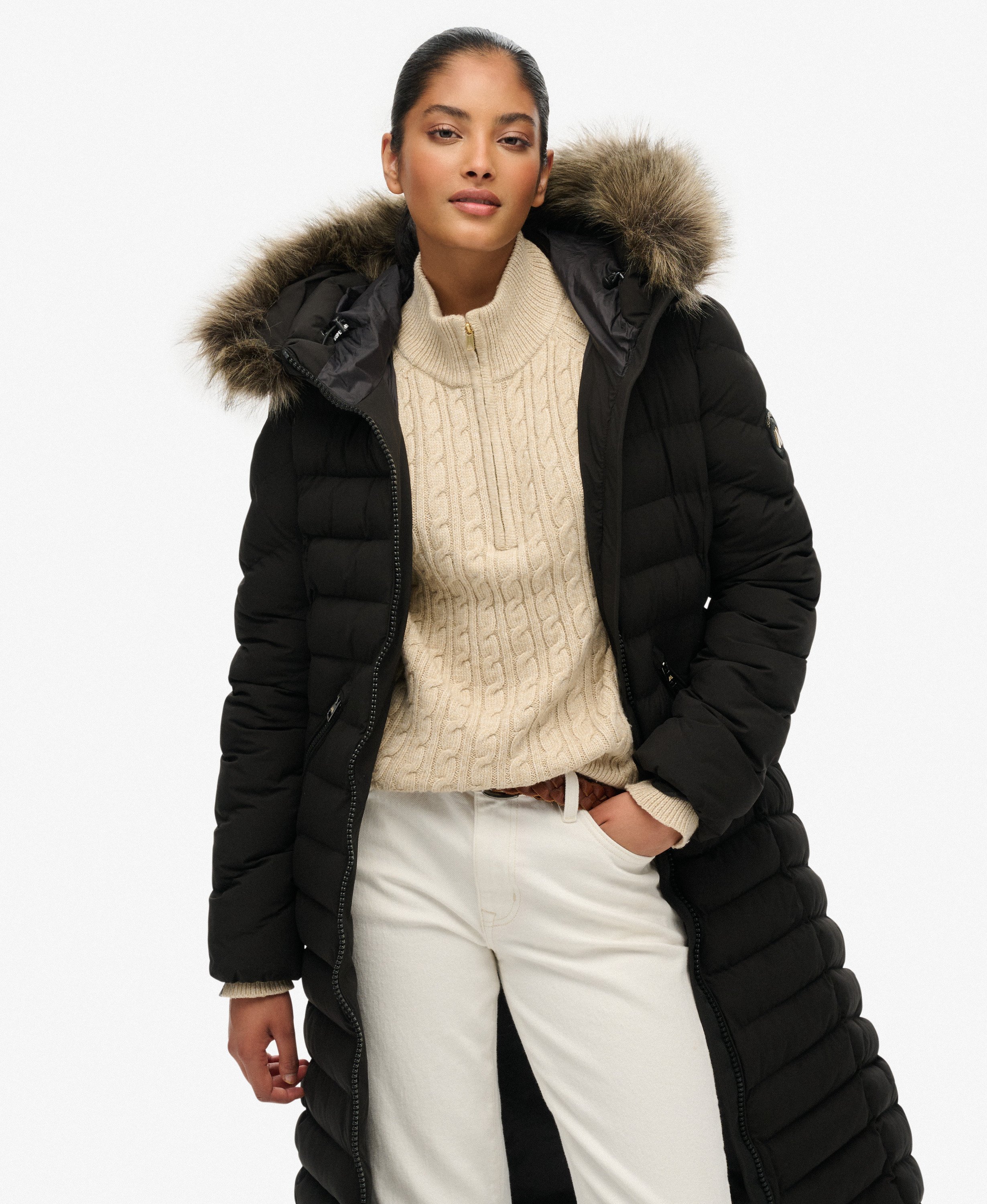 womens Fuji Faux Fur Hooded Longline in Black | Superdry US