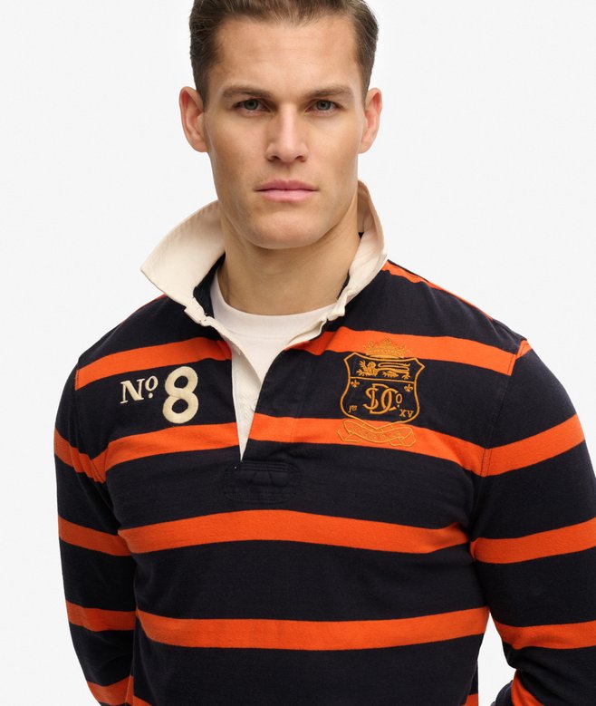 Men's Roses Rugby Top mens Double Emblem Stripe Rugby Top in Navy/Orange Stripe | Superdry UK