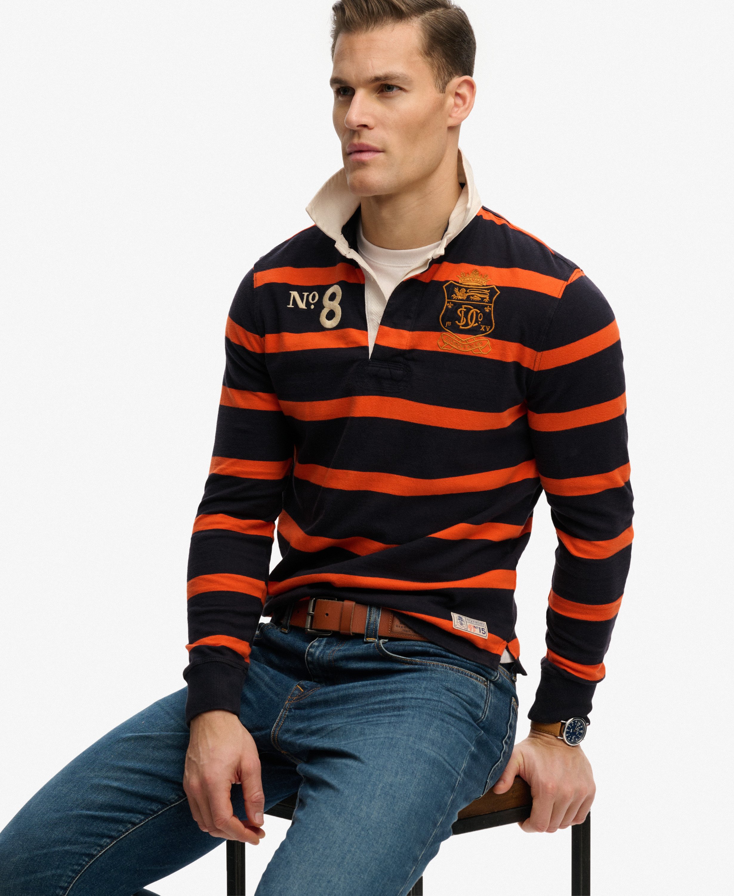 mens Double Emblem Stripe Rugby Top in Navy/Orange Stripe | Superdry UK
