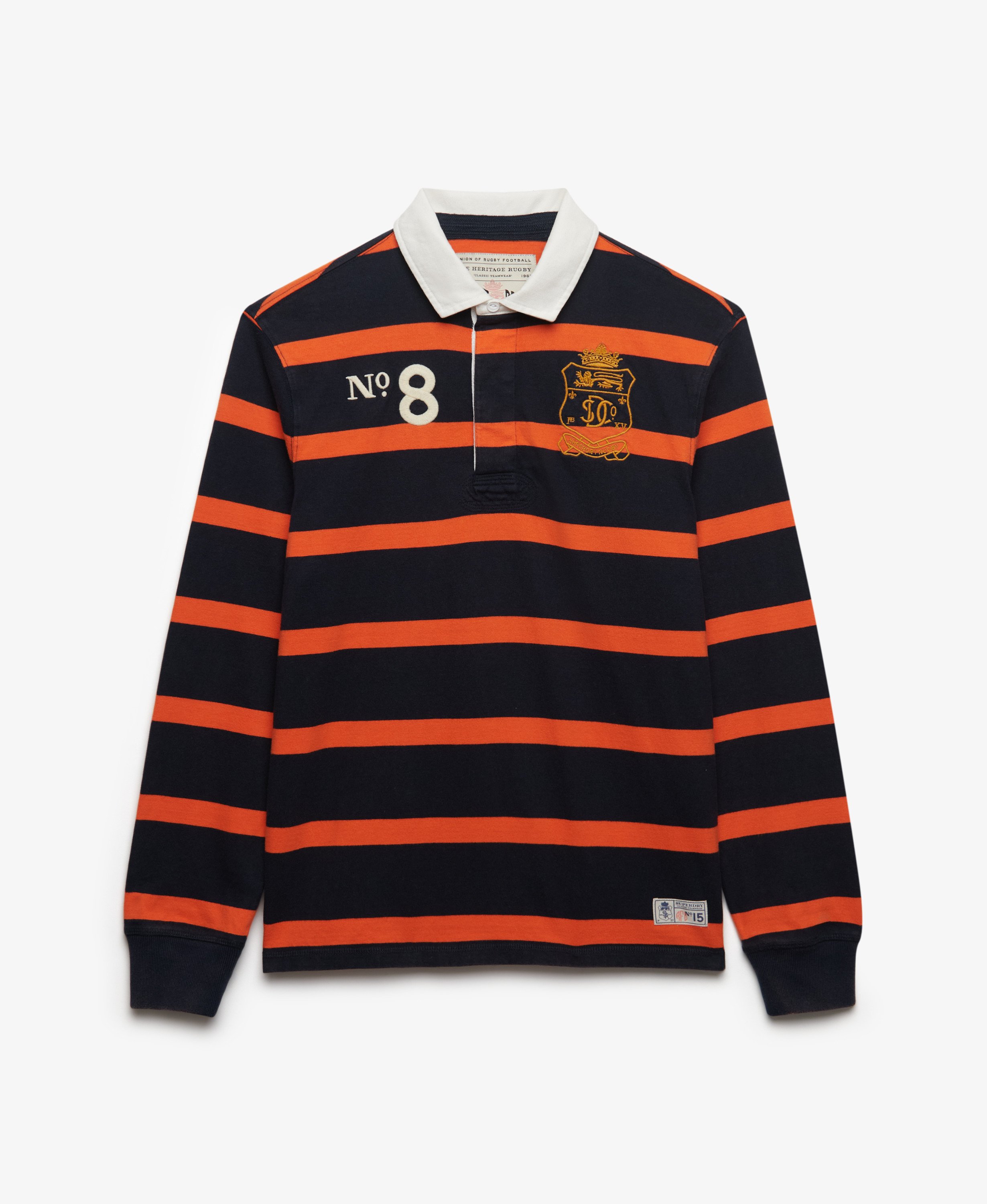 mens Double Emblem Stripe Rugby Top in Navy/Orange Stripe