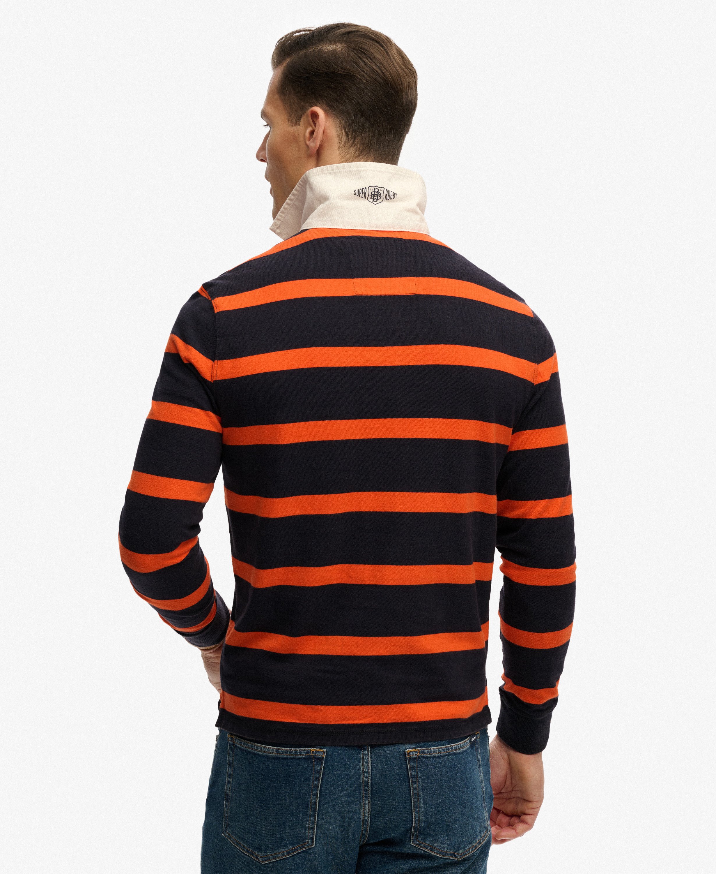mens Double Emblem Stripe Rugby Top in Navy/Orange Stripe