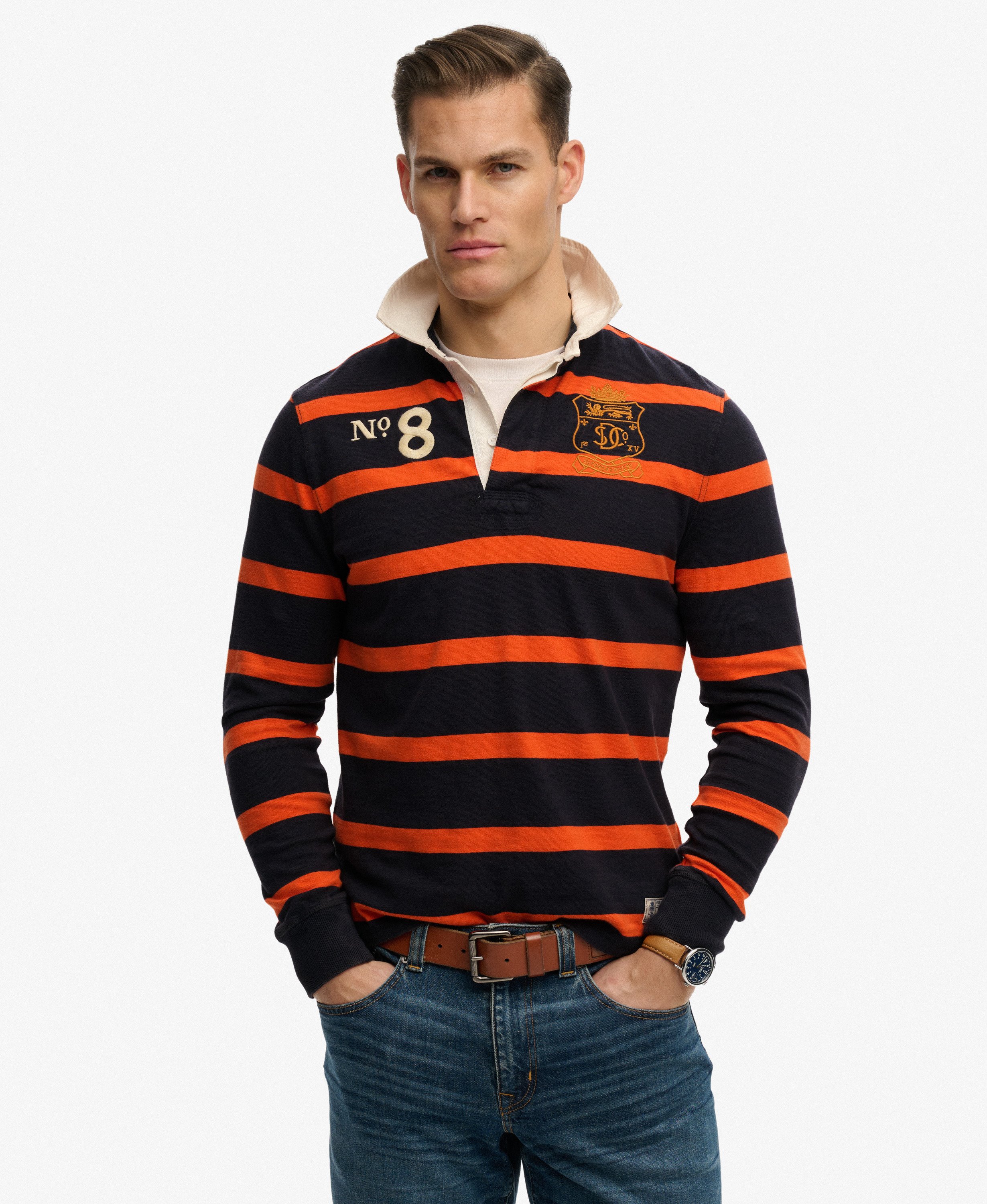 mens Double Emblem Stripe Rugby Top in Navy/Orange Stripe | Superdry UK