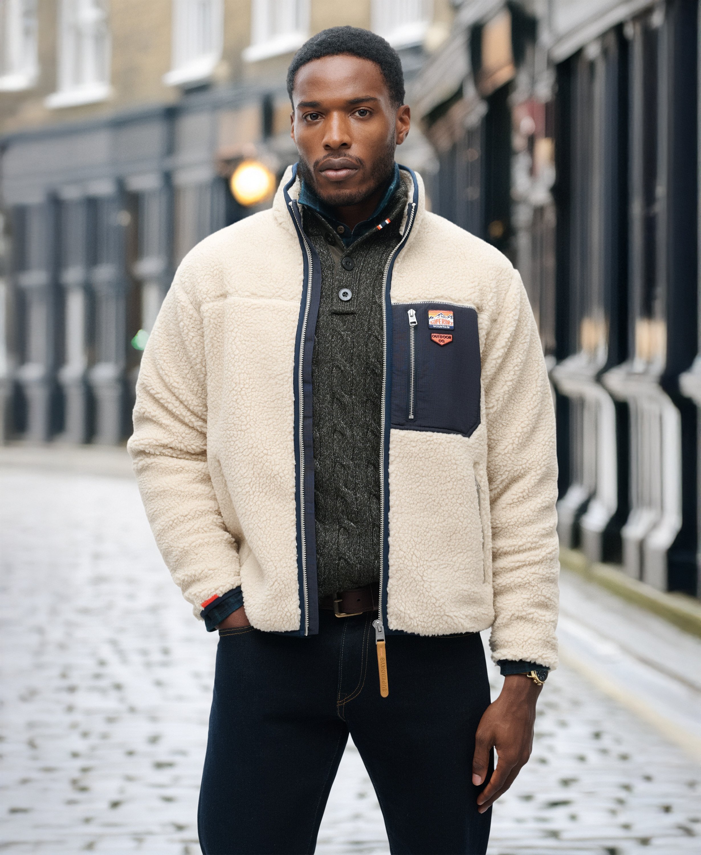 mens Vintage Retro Borg Fleece Jacket in Oatmeal Beige | Superdry US