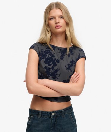 Top de manga corta de malla con flocado Image 5