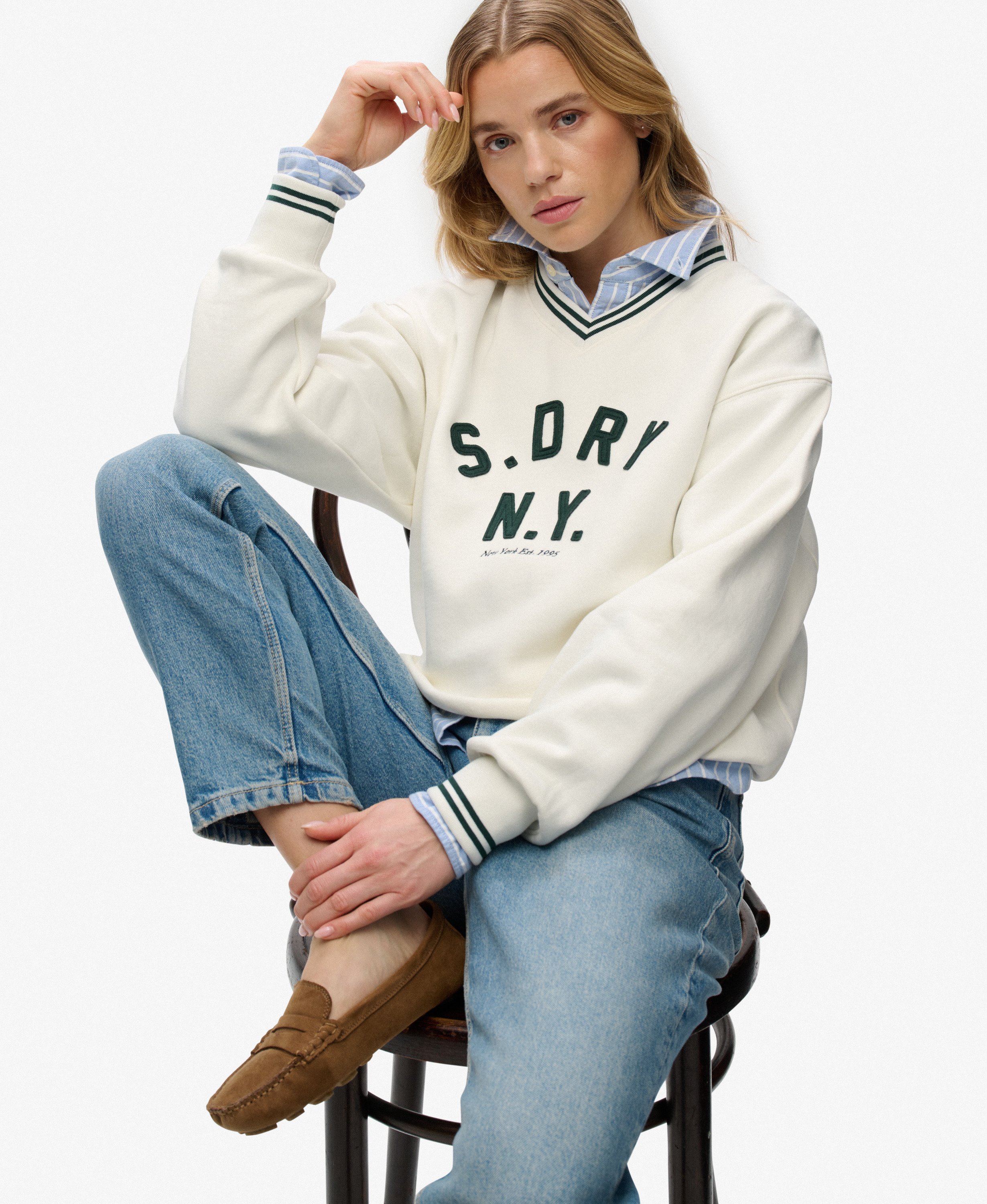 womens Country Club Applique V Neck Sweatshirt in CREAM | Superdry US