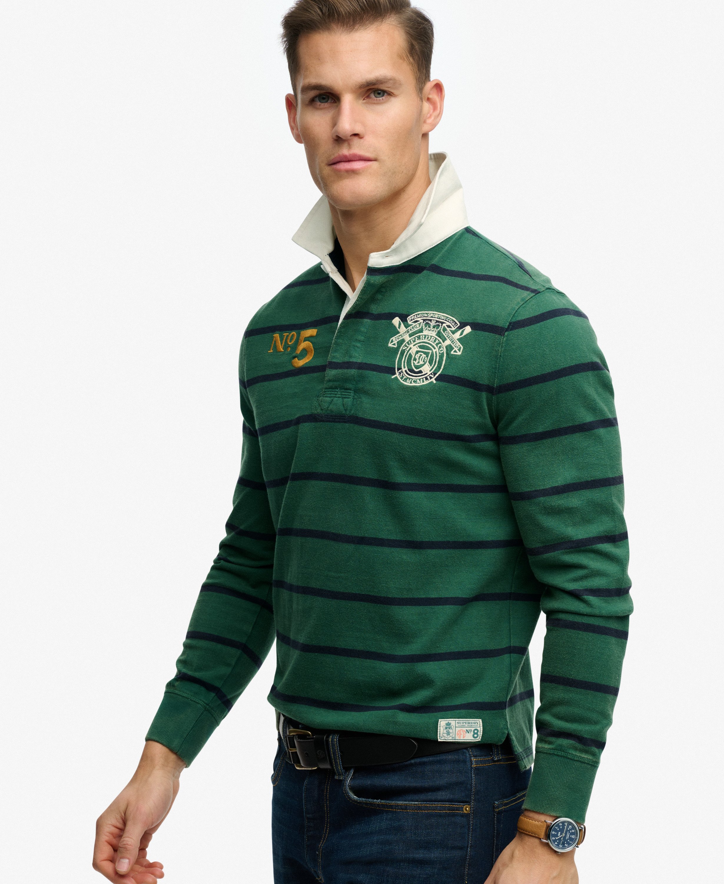 mens Double Emblem Stripe Rugby Top in Hunter Green Stripe | Superdry UK