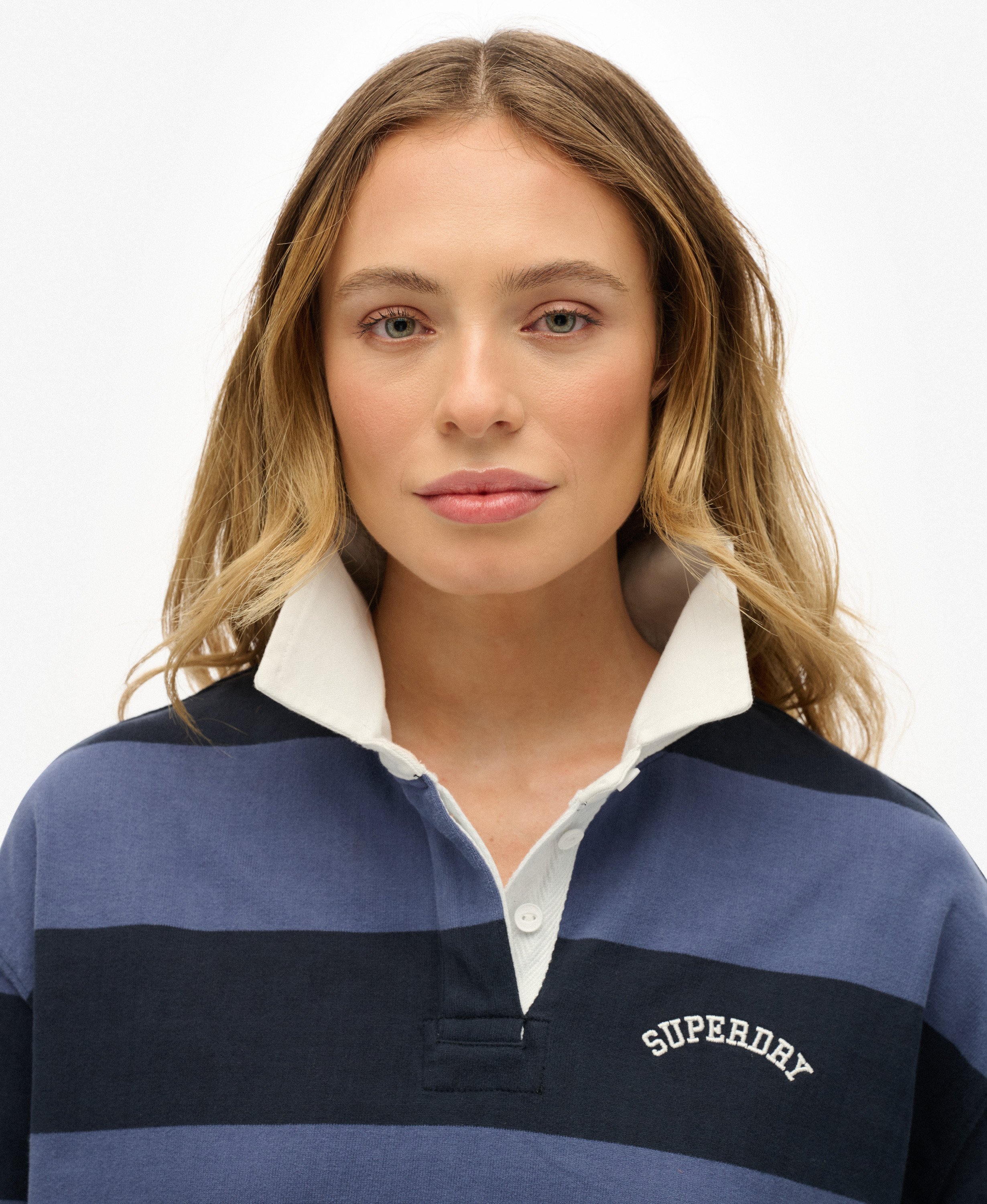 womens Athletic Essentials Stripe Rugby Top in Mariner Navy Stripe