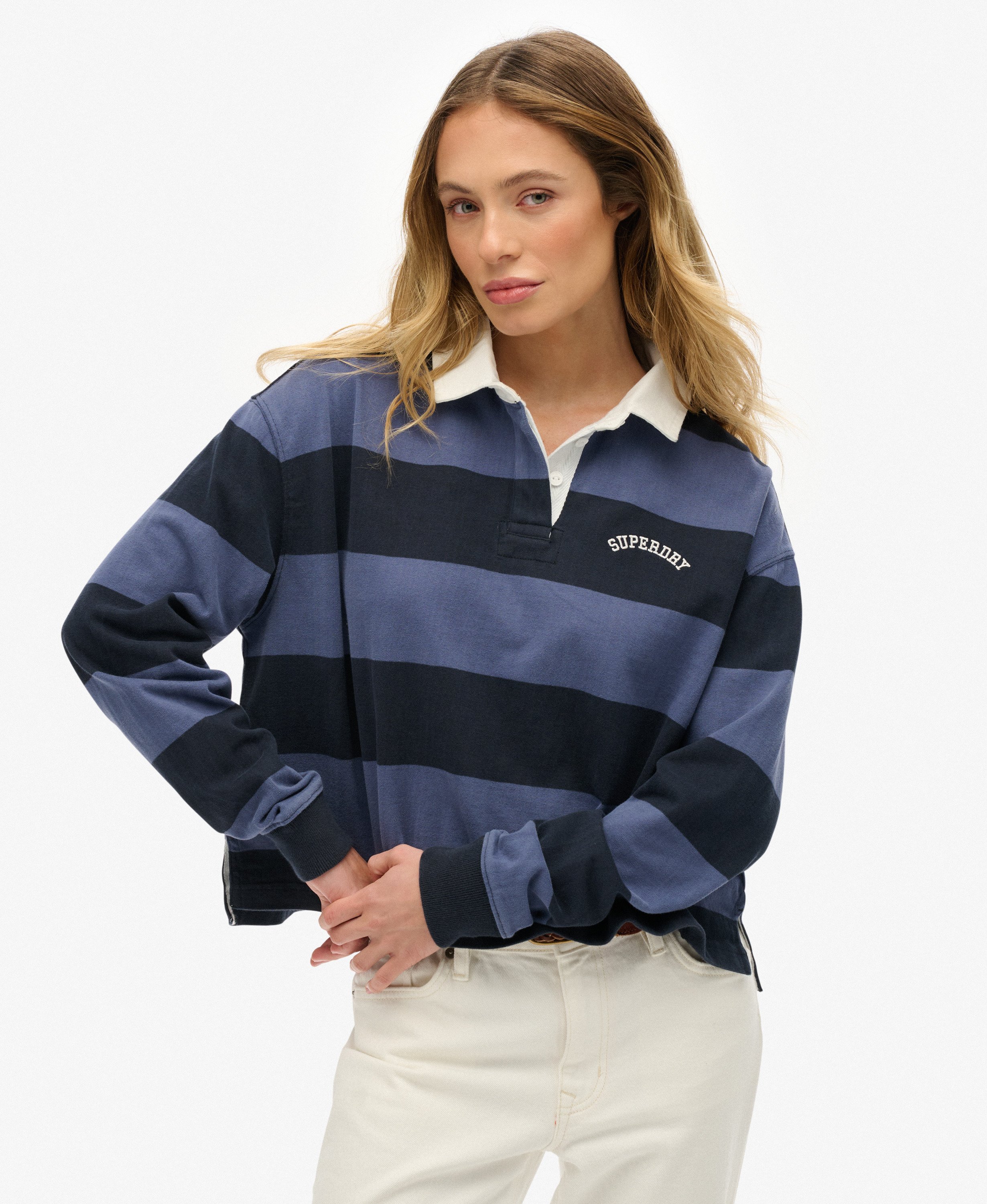 womens Athletic Essentials Stripe Rugby Top in Mariner Navy Stripe