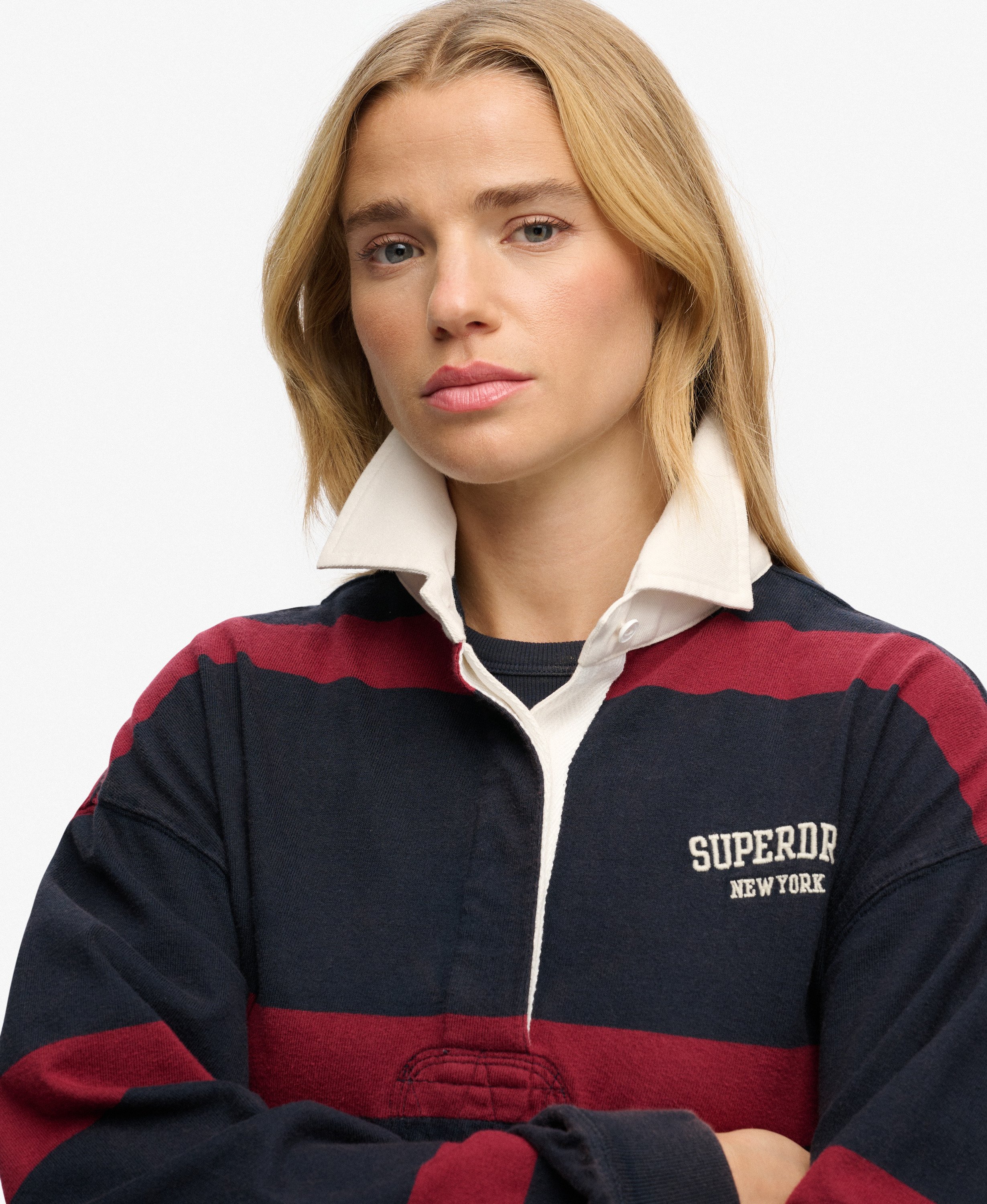 womens Heritage Stripe Rugby Top in Navy/Port Red | Superdry UK