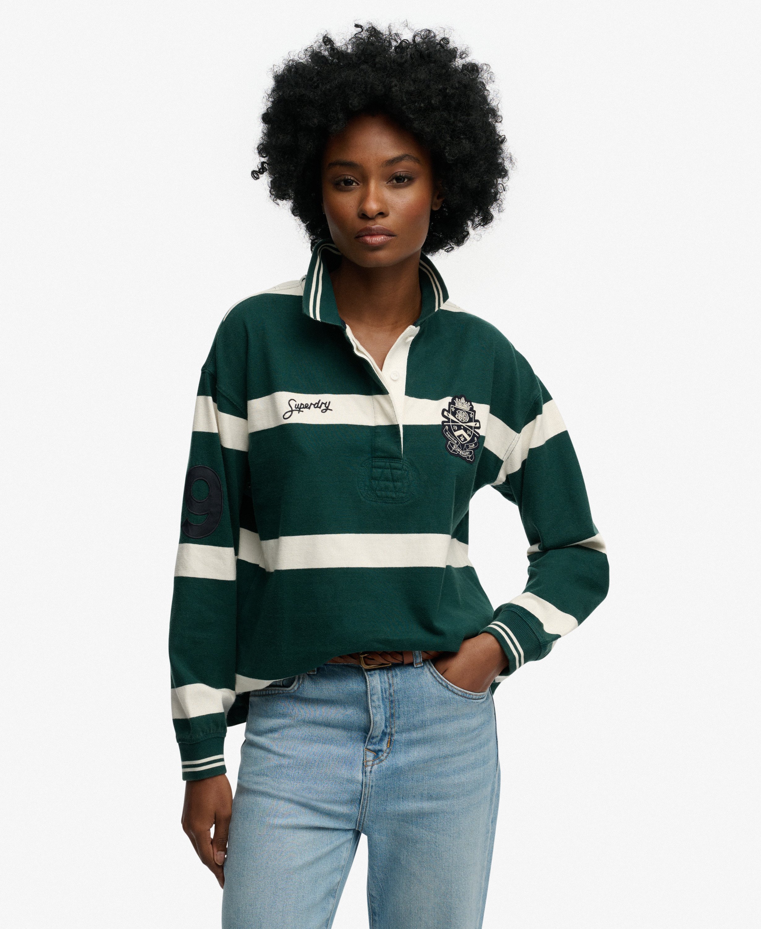 womens Crest Stripe Rugby Top in Pine Green/Ecru | Superdry UK