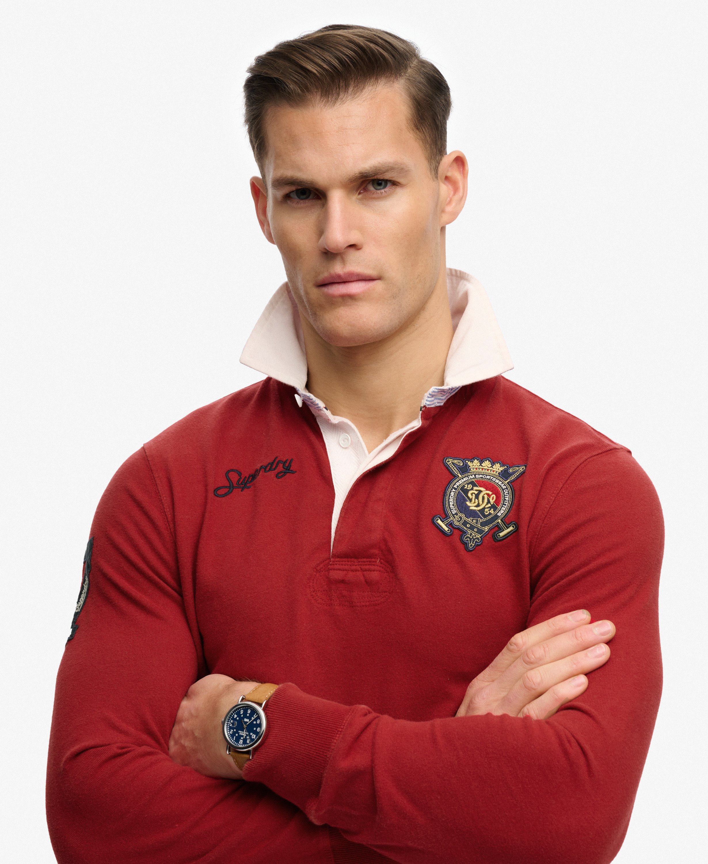 mens Double Emblem Rugby Top in Prep Red | Superdry US