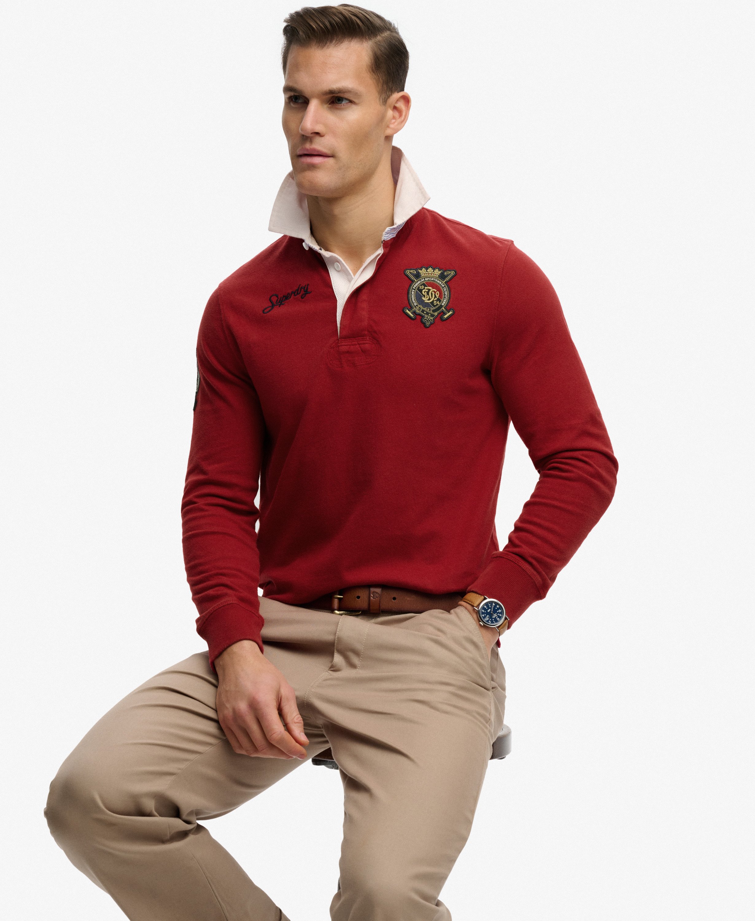 Men's Roses Rugby Top mens Double Emblem Rugby Top in Prep Red | Superdry UK