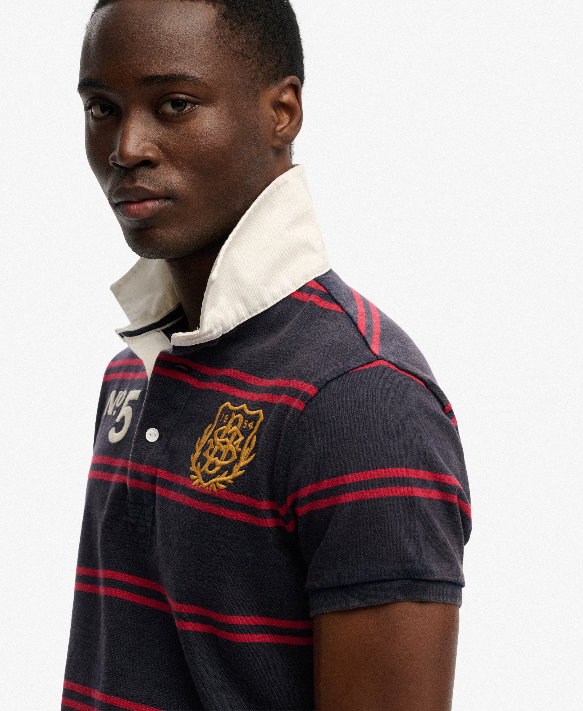mens Double Emblem Jersey Short Sleeve Rugby Polo Top in Red/Navy