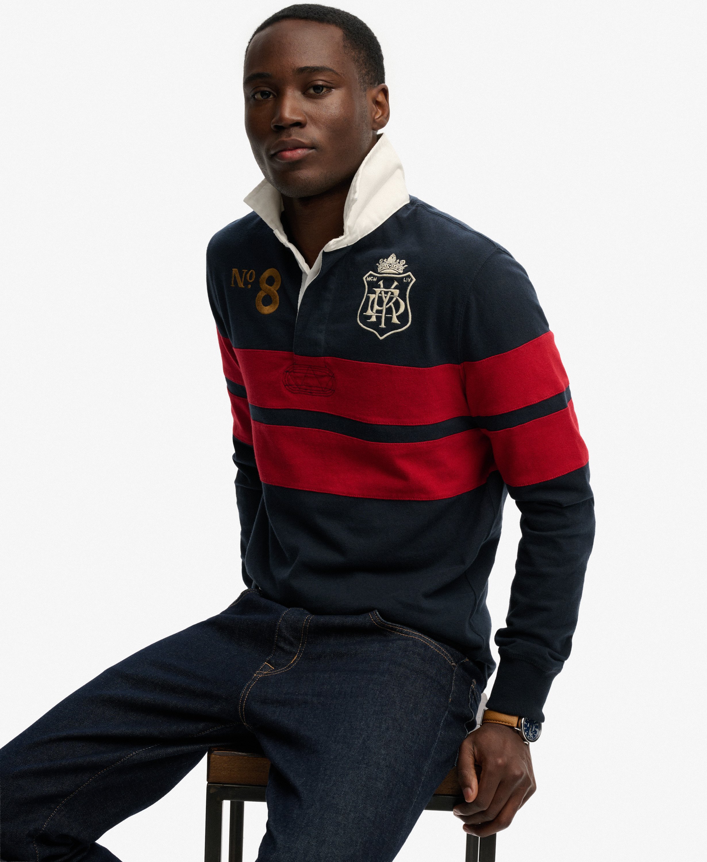 Men's Roses Rugby Top mens Double Emblem Stripe Rugby Top in Navy/Red Chest Band Stripe ...