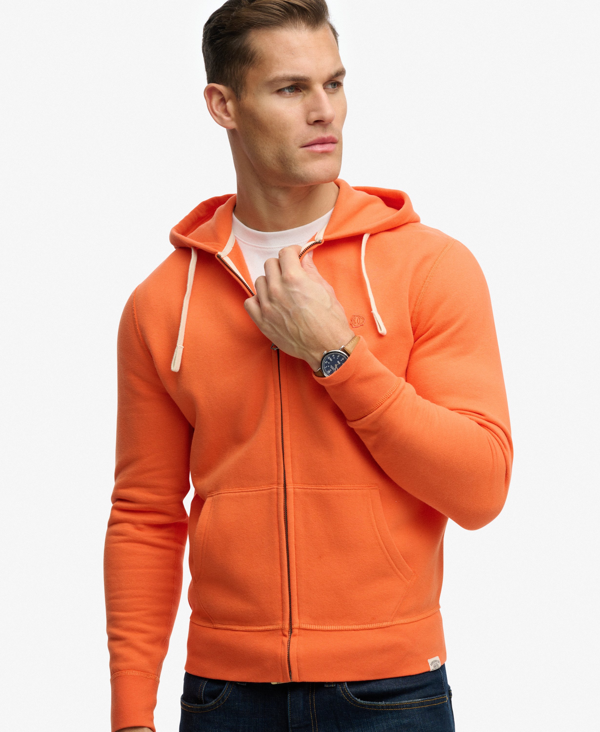 mens Monogram Embroidered Zip Hoodie in Firecracker Orange
