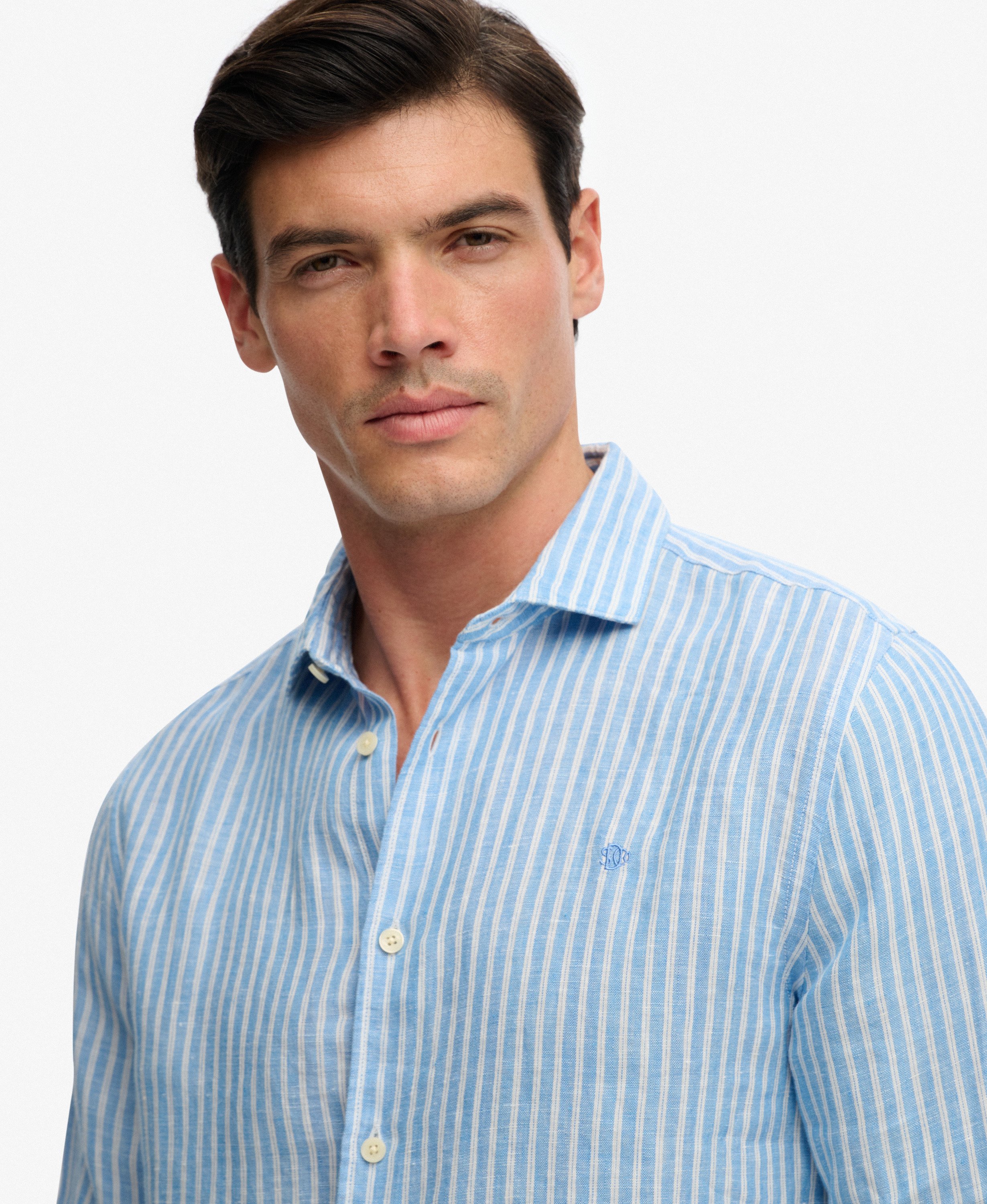 mens Riviera Long Sleeve Linen Shirt in Classic Blue Stripe