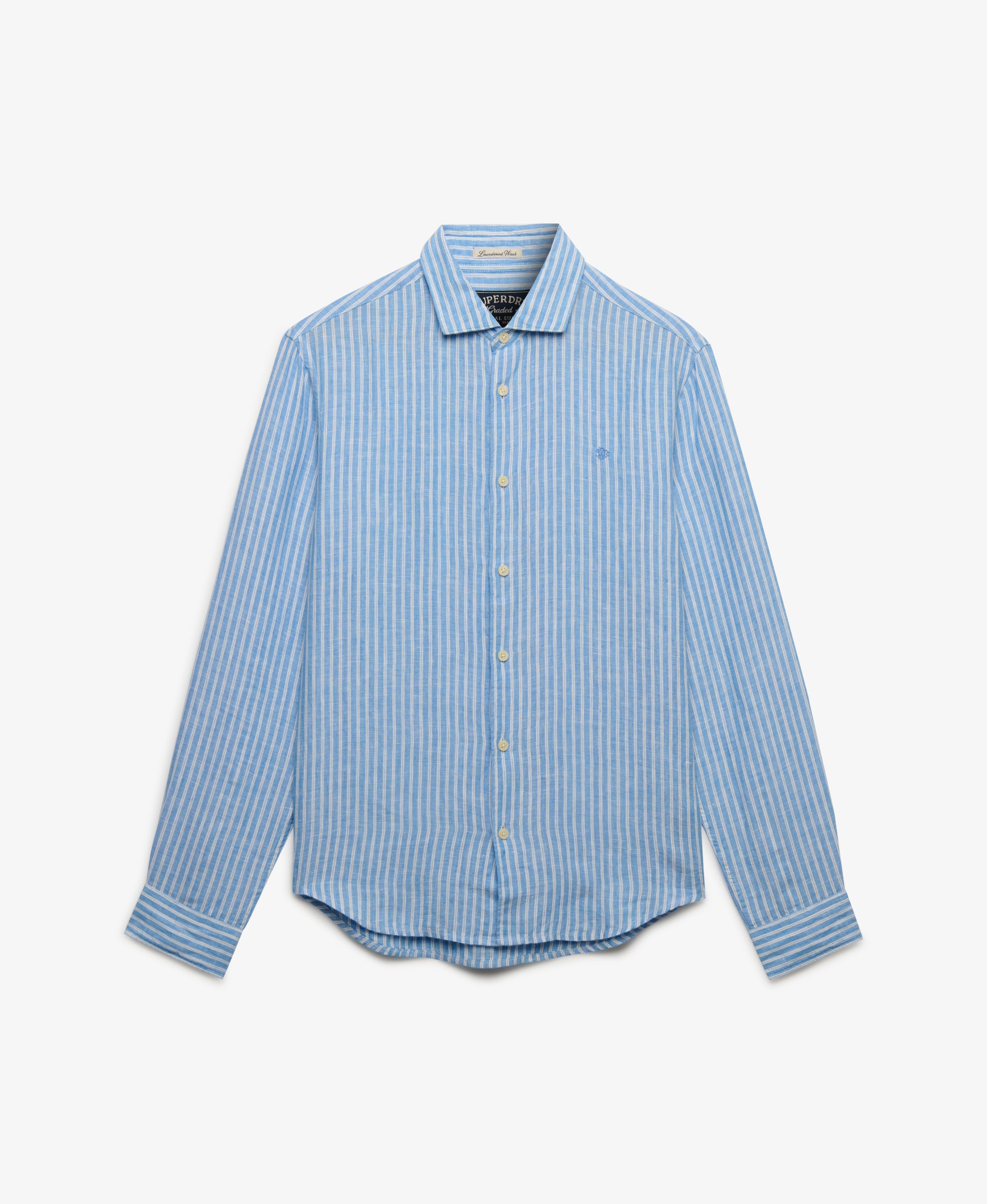 mens Riviera Long Sleeve Linen Shirt in Classic Blue Stripe