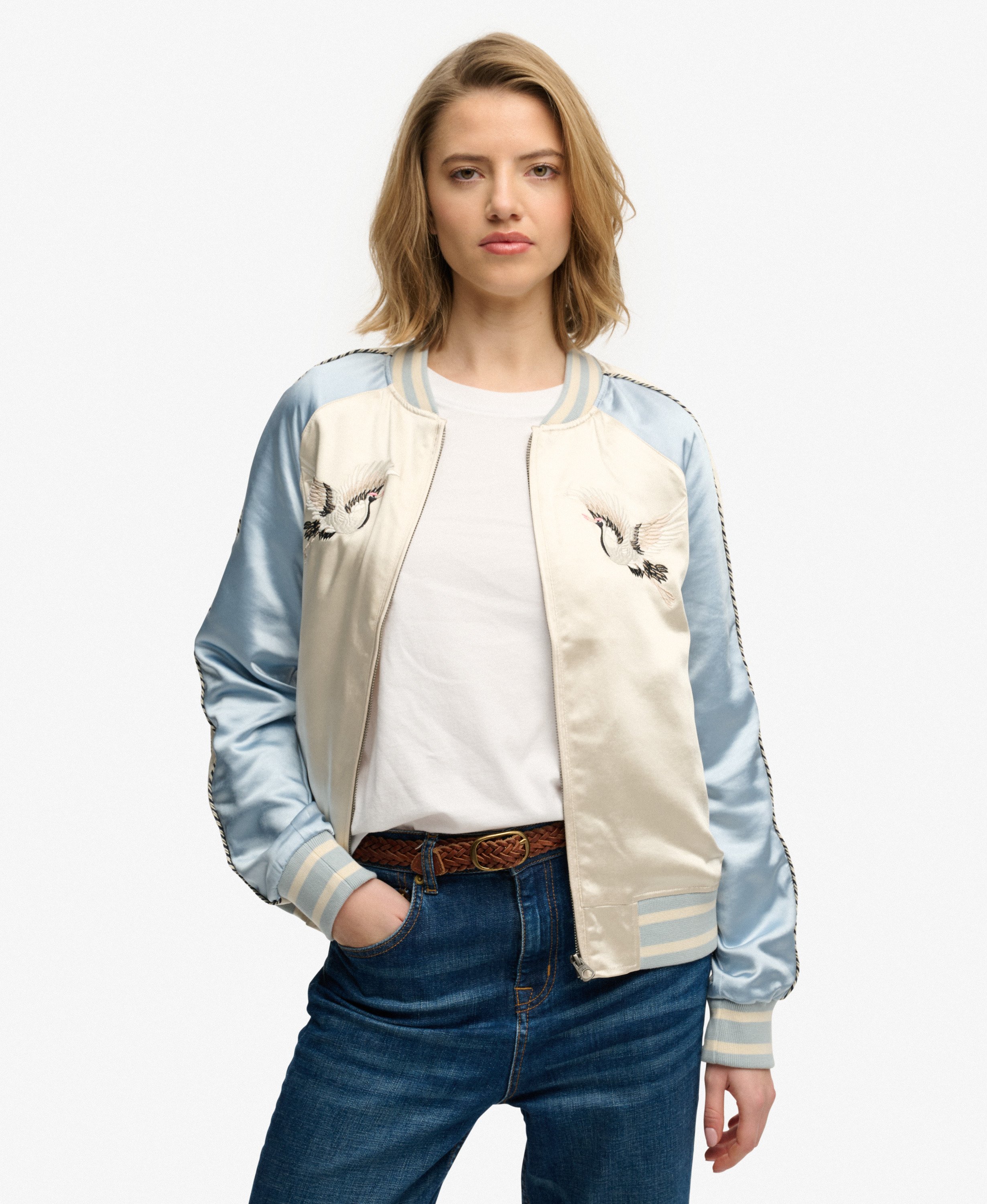 Superdry(極度乾燥しなさい) Suikajan Jacket womens Suikajan Embroidered Bomber Jacket in Blue Fog | Superdry US