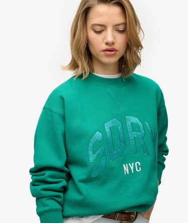 Varsity Satin Applique Crew Sweatshirt Image 2