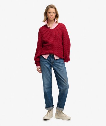 Oversized V Neck Cable Jumper Image 3