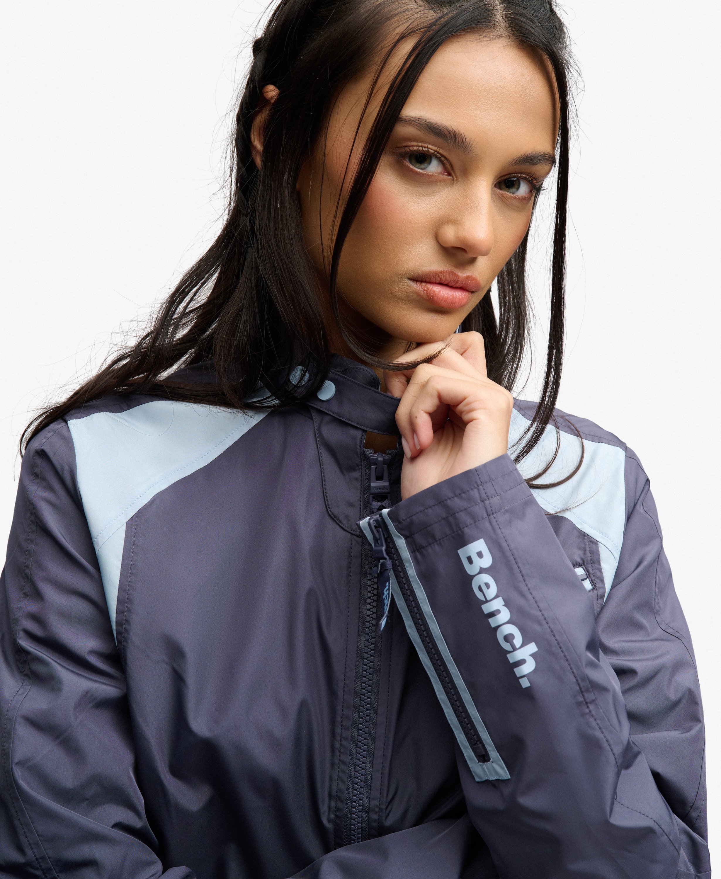 ウェア sfida Noiser Thermotect Bench coat womens Bench Racer Shell Double Zip Jacket in CRT Navy/ Blue Fog