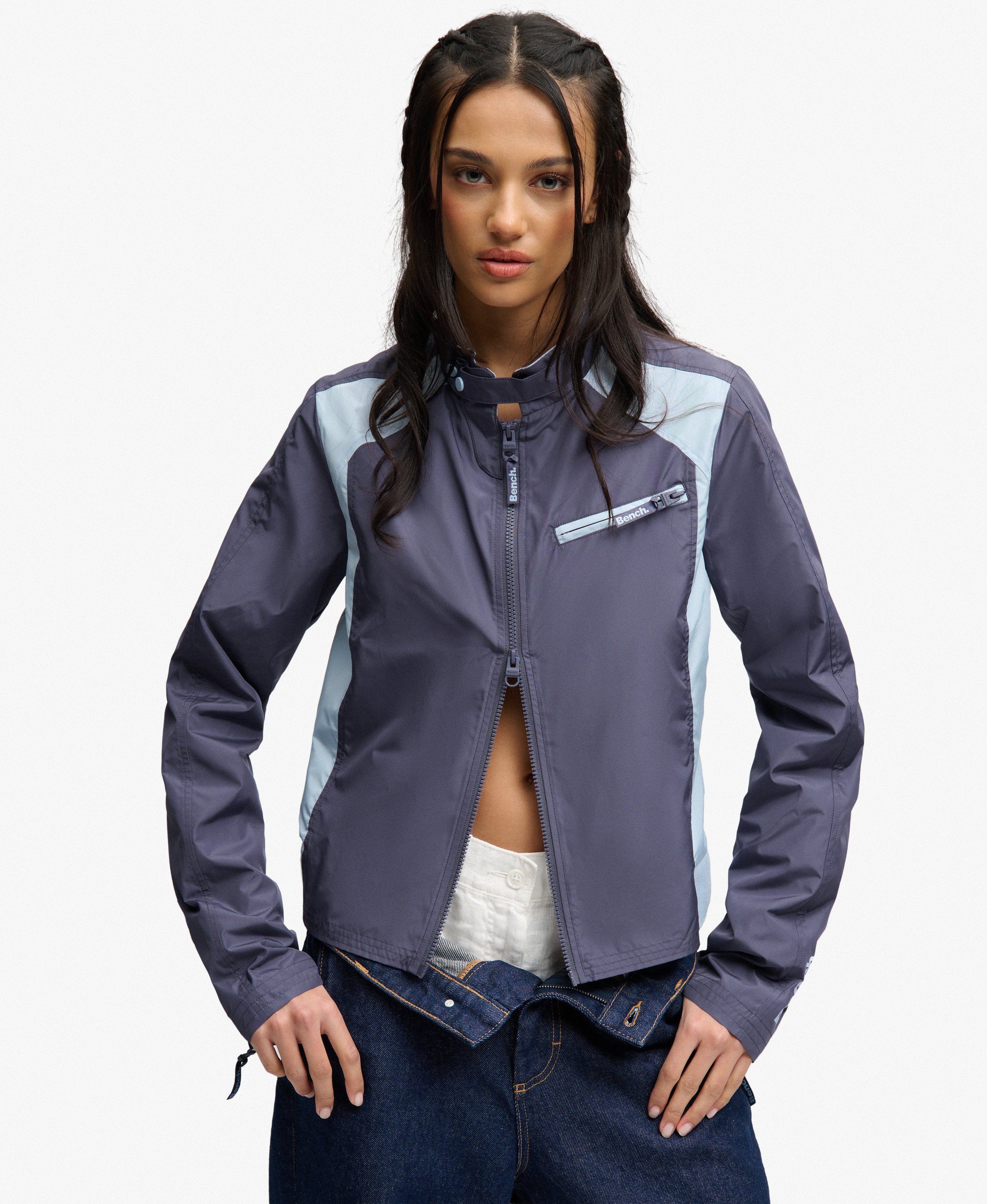 womens Bench Racer Shell Double Zip Jacket in CRT Navy/ Blue Fog