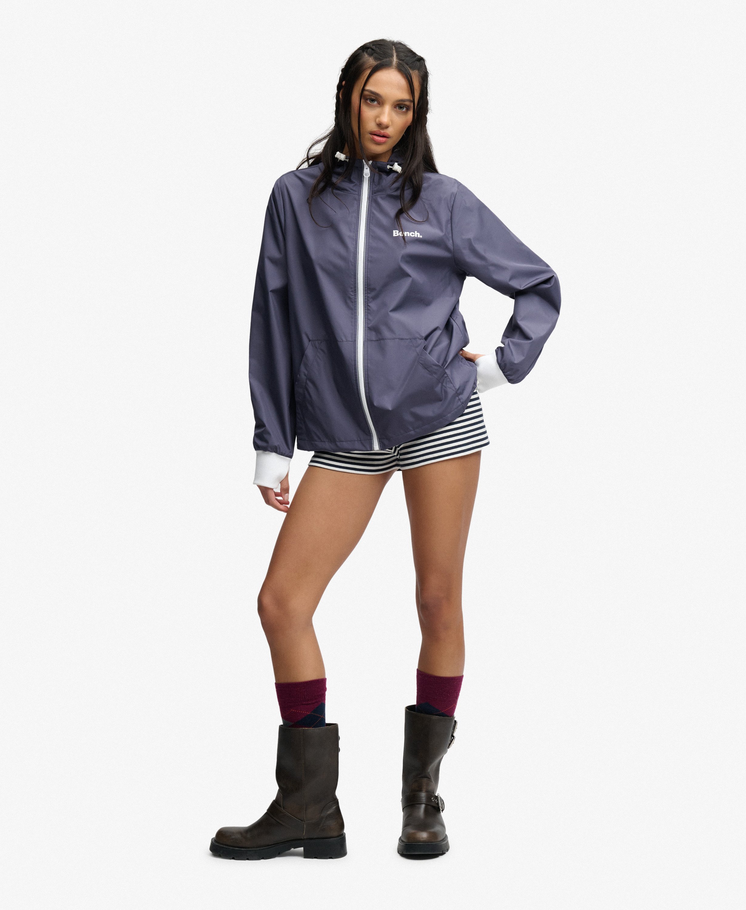 womens Bench Hooded Shell Zip Jacket in CRT Navy/ White | Superdry
