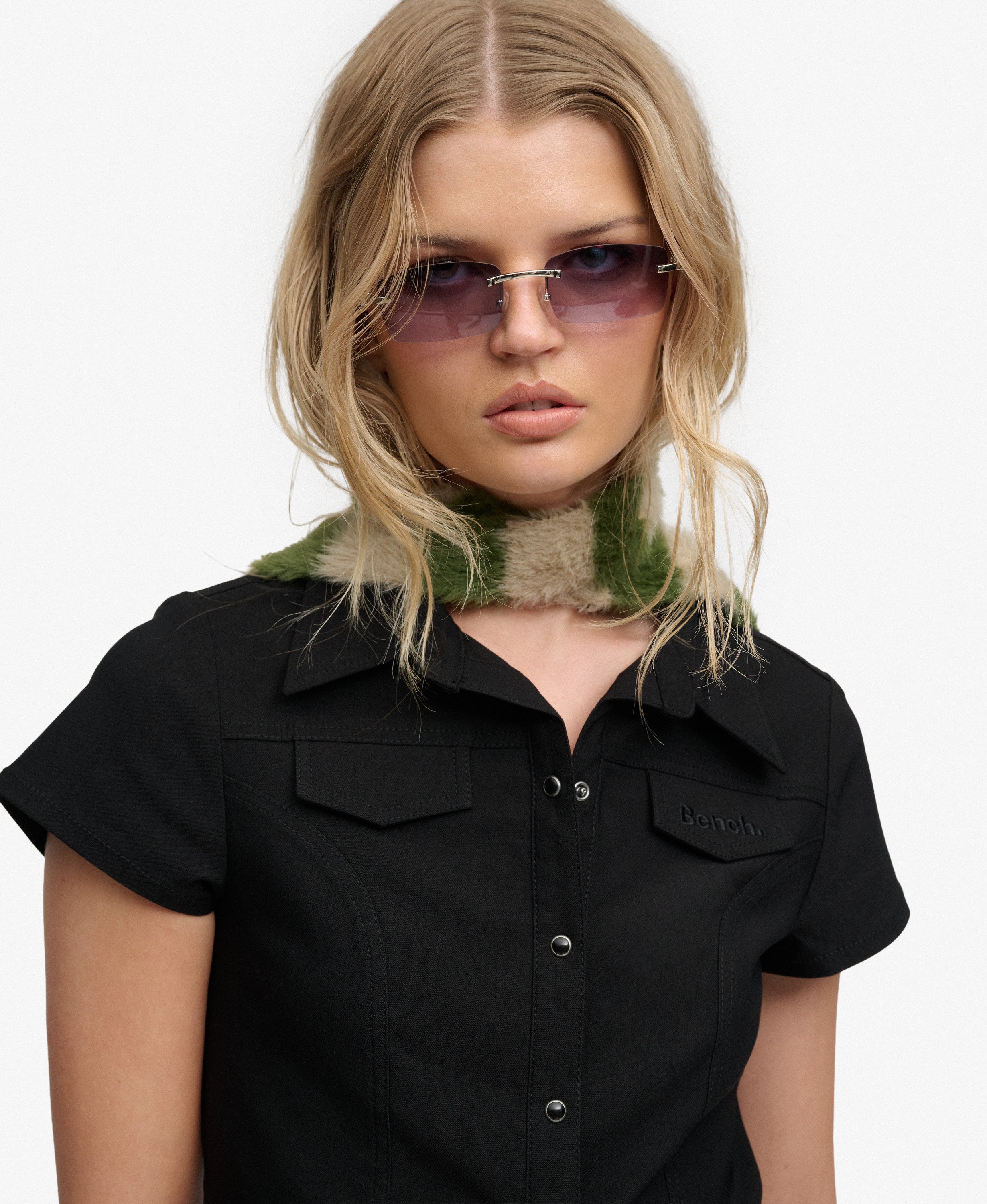 womens Bench Fitted Stretch Short Sleeve Shirt in Black/ Black ...