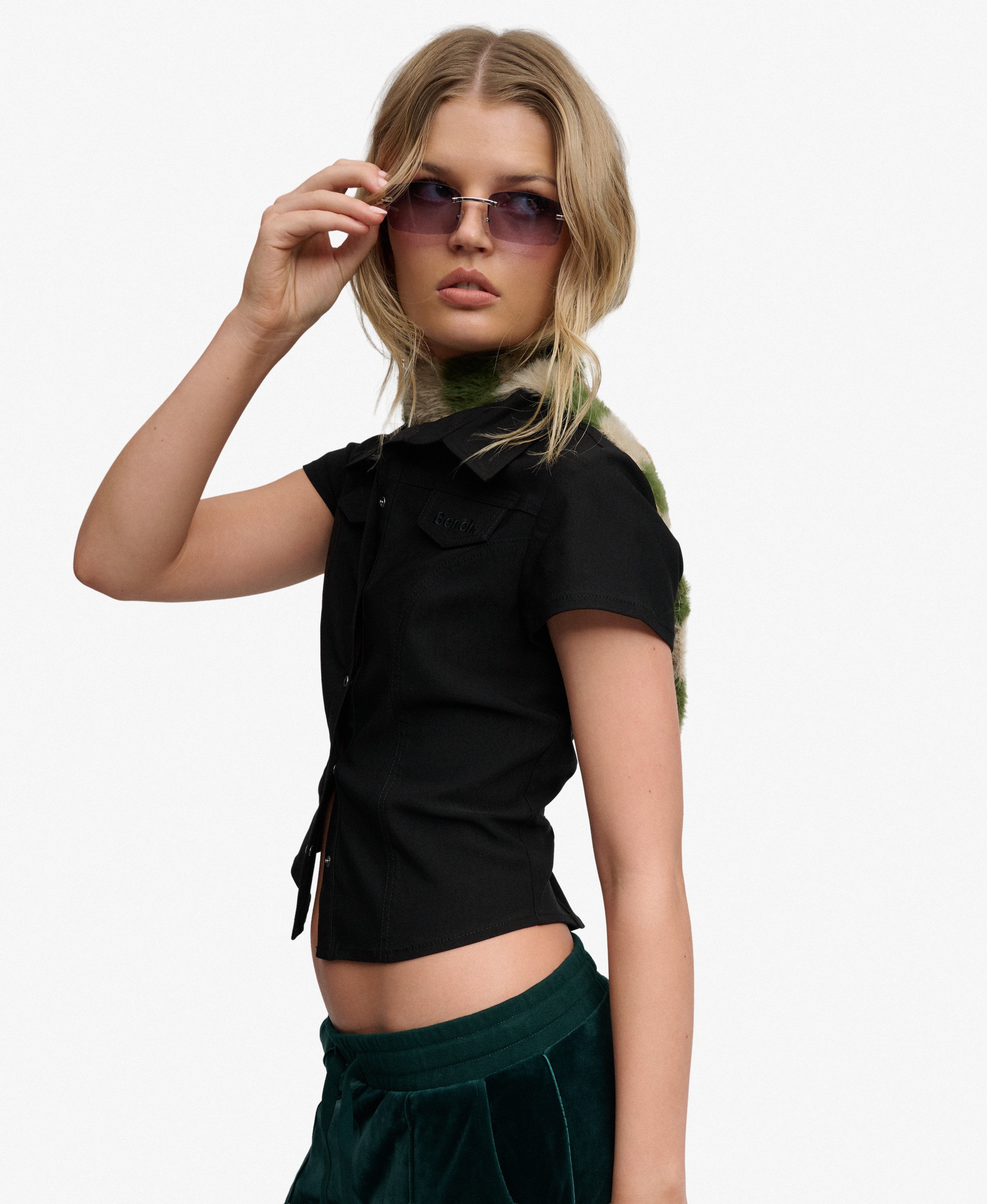 womens Bench Fitted Stretch Short Sleeve Shirt in Black/ Black ...