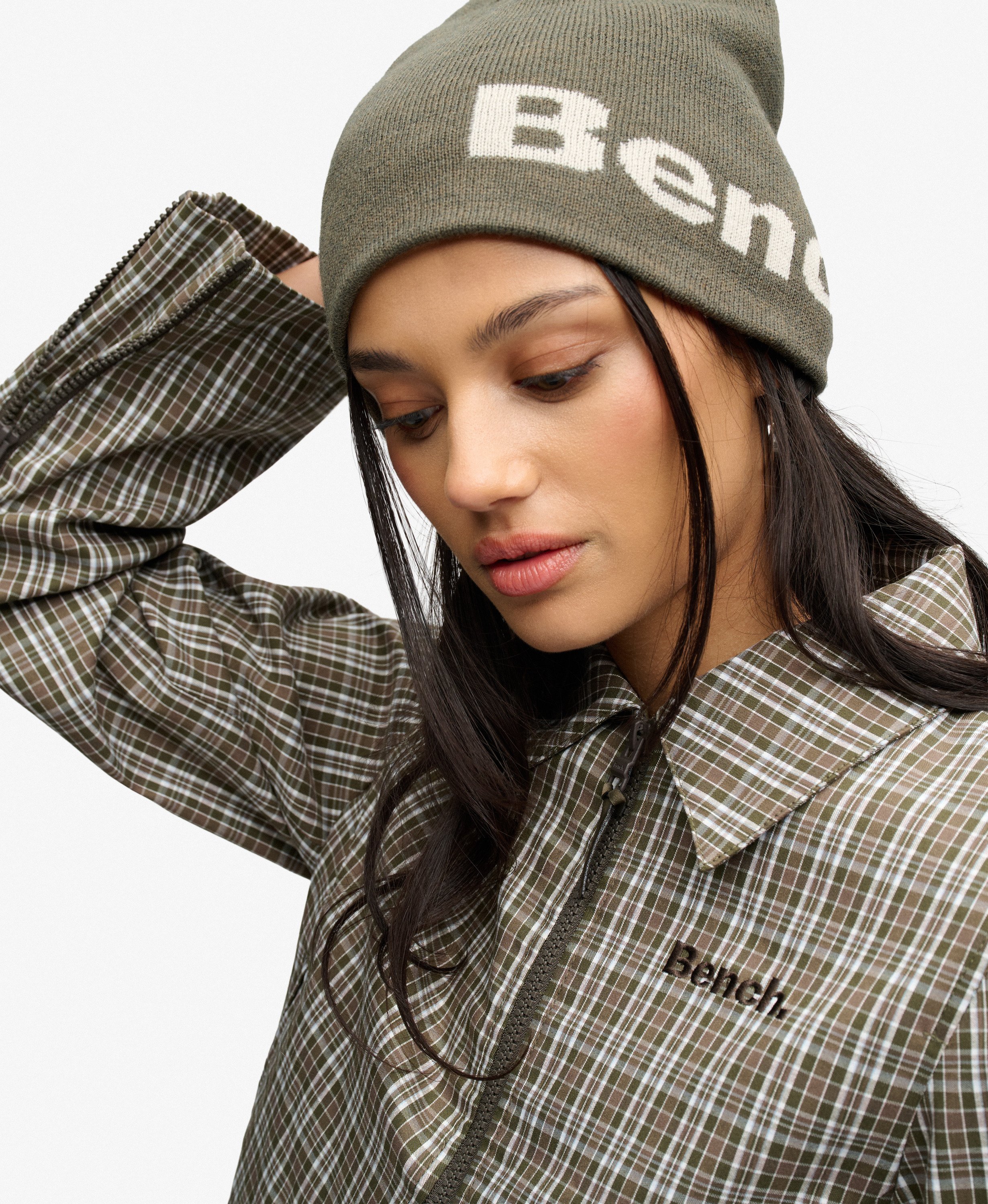 womens Bench Double Zip Collared Check Jacket in Olive Moody Check