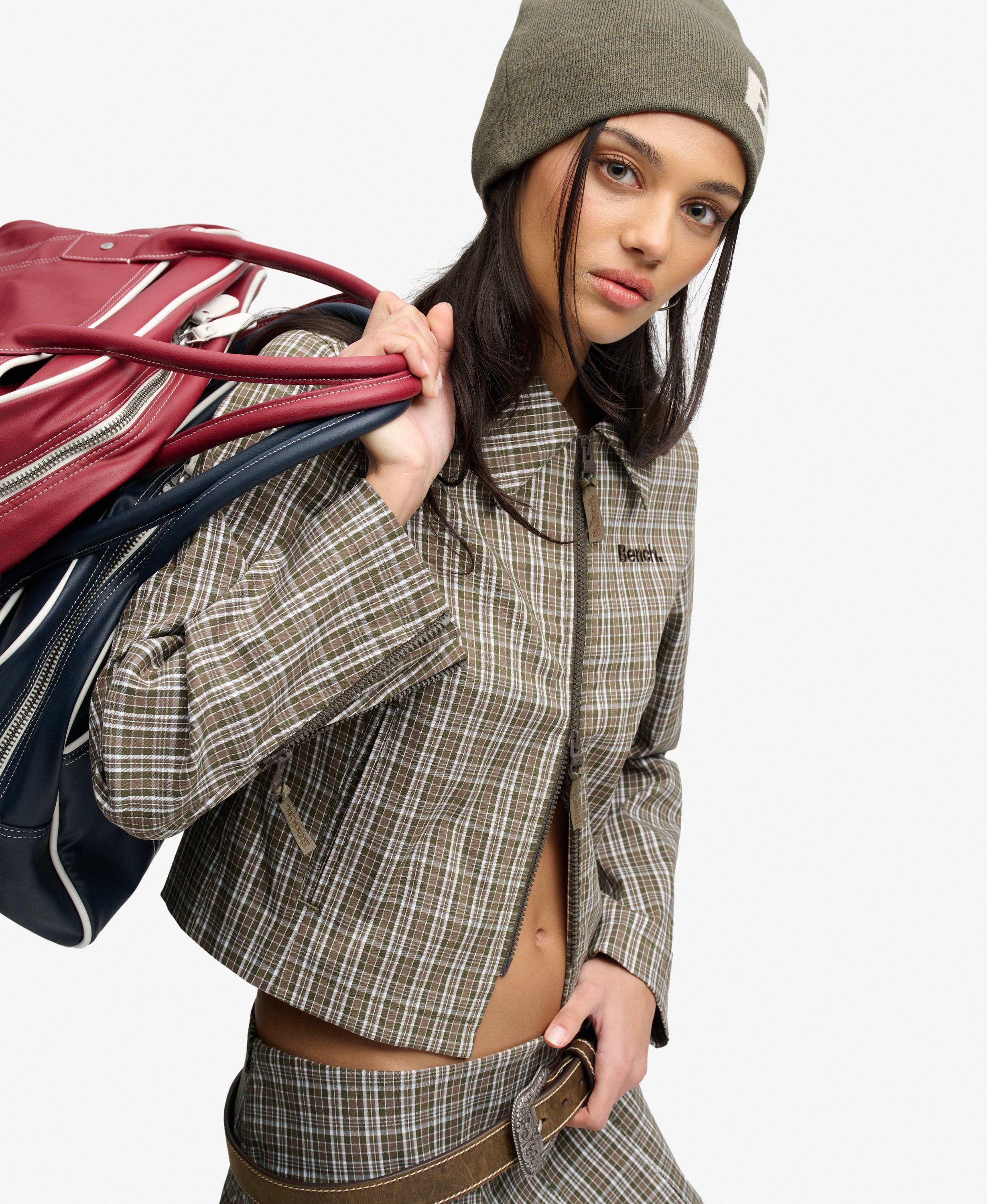 womens Bench Double Zip Collared Check Jacket in Olive Moody Check