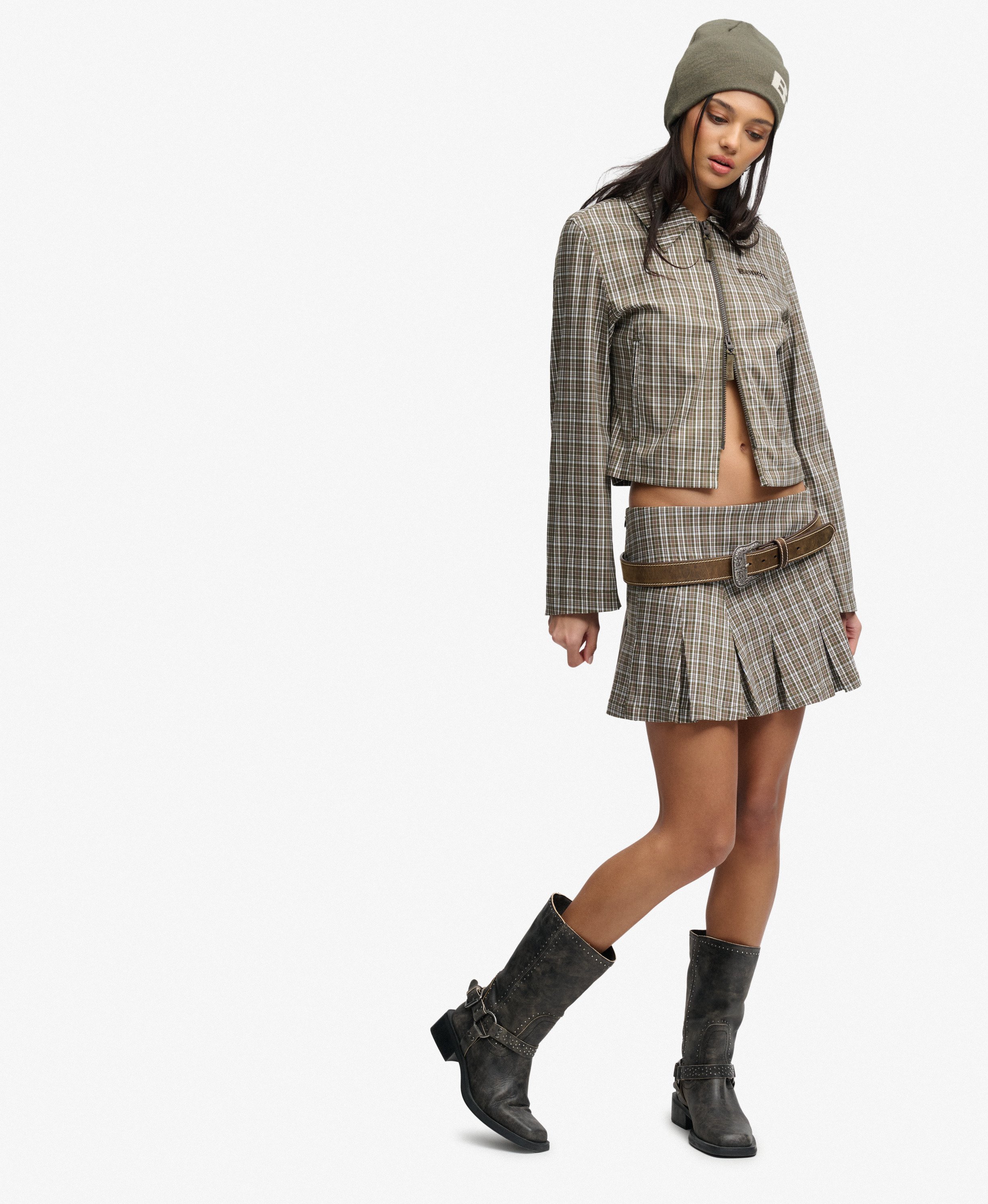 Check Jacket womens Bench Double Zip Collared Check Jacket in Olive Moody Check ...