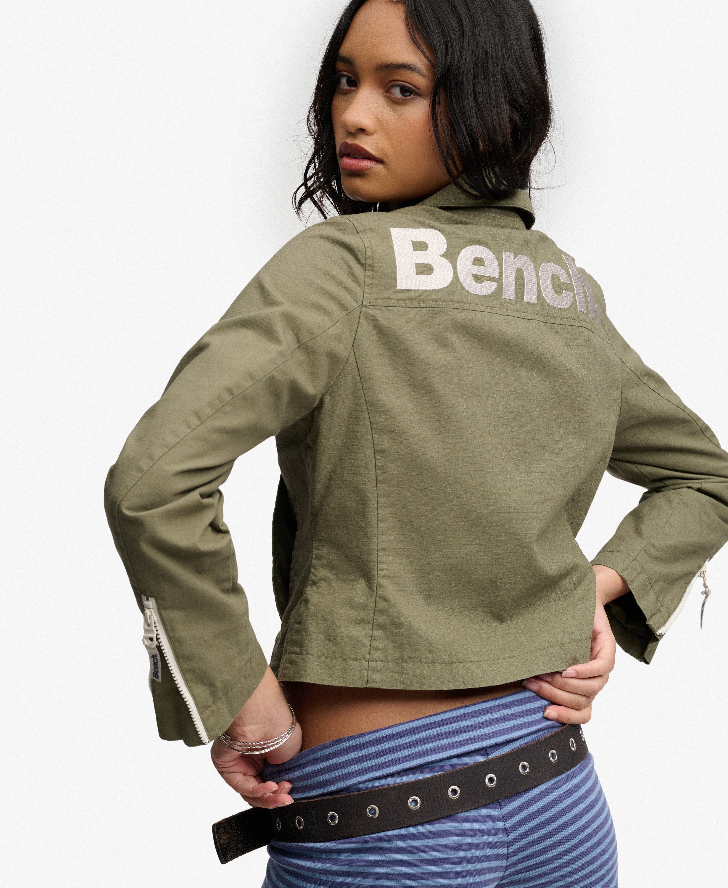 womens Bench Double Zip Collar Ripstop Jacket in Olive Night/ Moonbeam ...