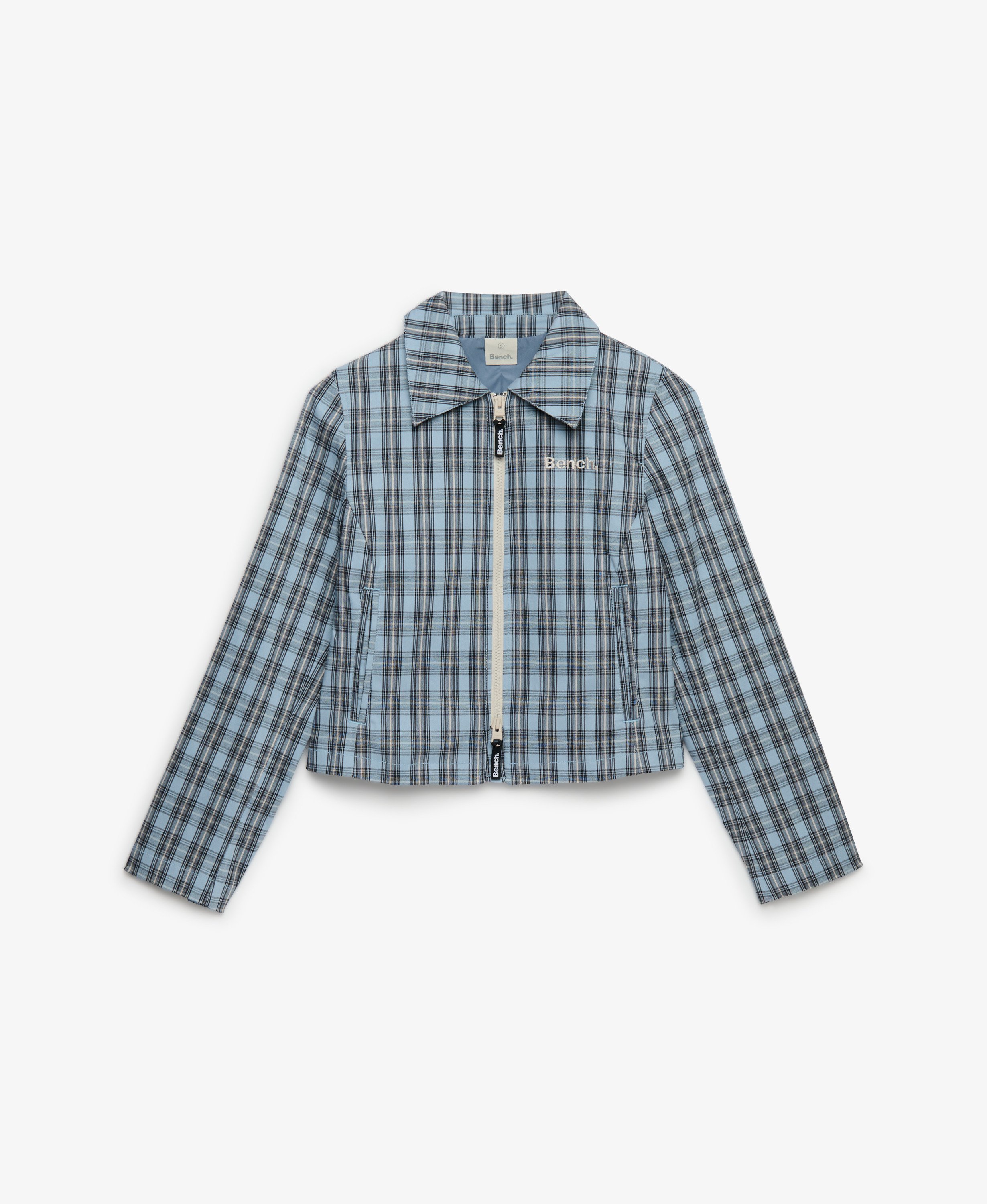 womens Bench Double Zip Collared Check Jacket in Blue Moody Check