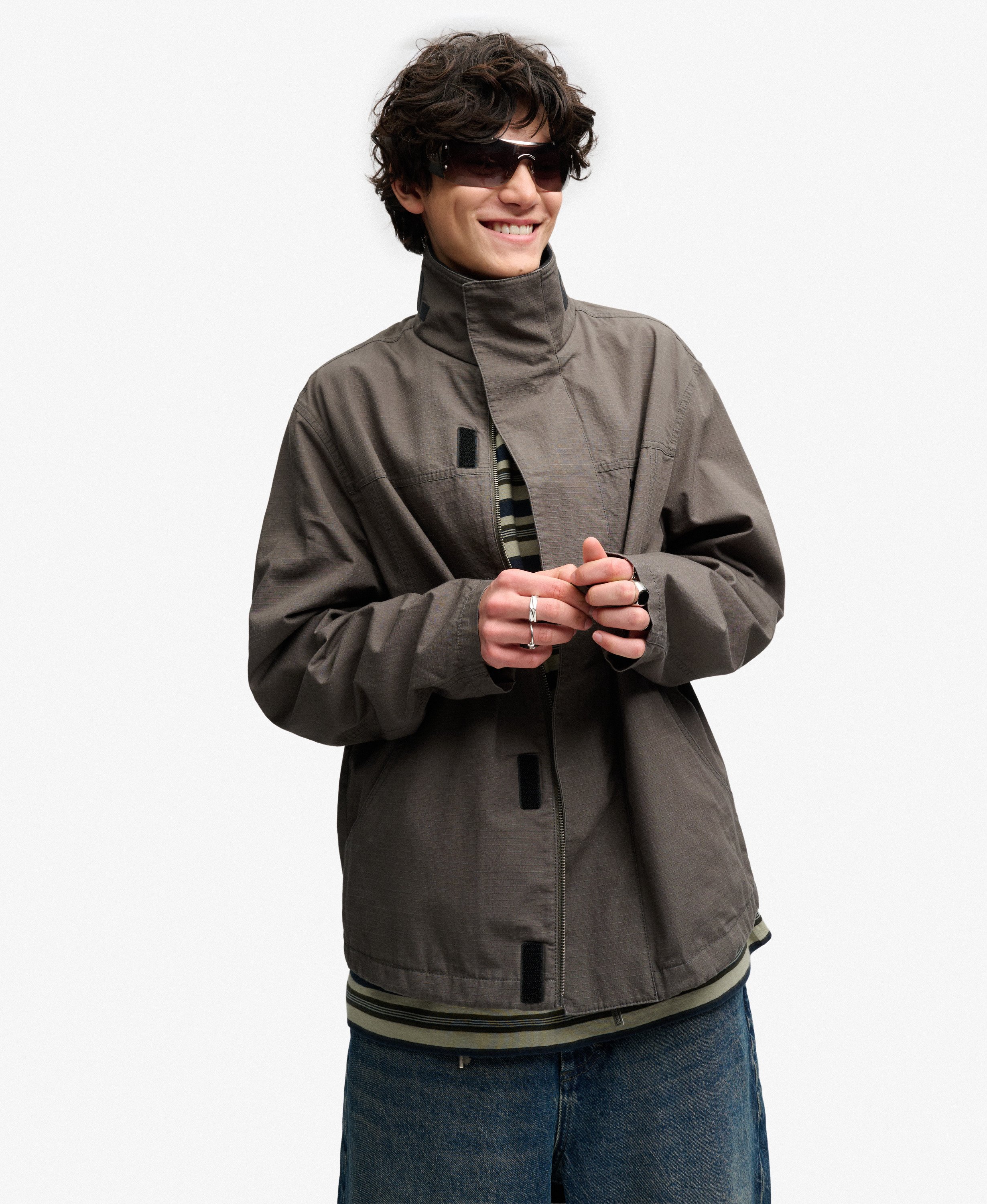 mens Bench High Neck Ripstop Jacket in Beluga Charcoal/Black | Superdry UK